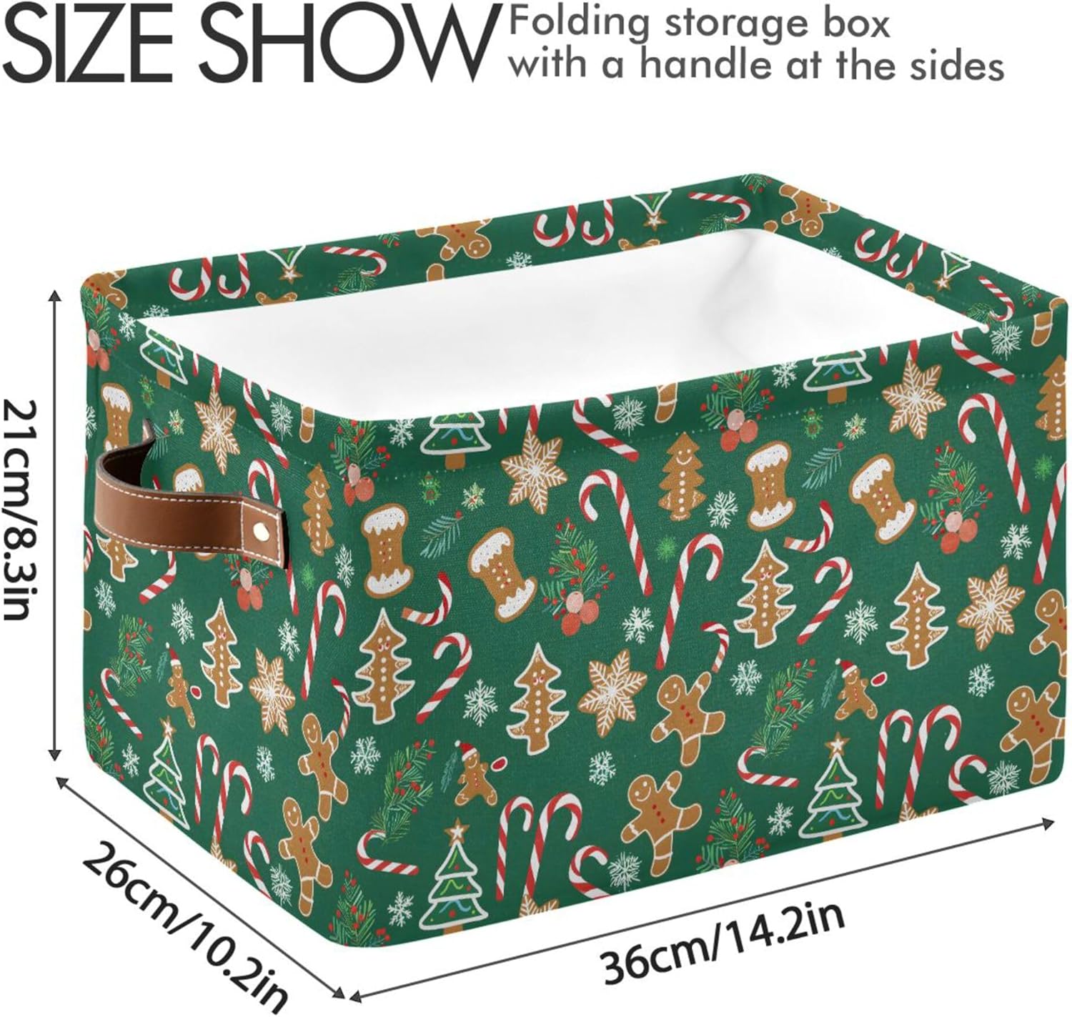 MNSRUU Storage Basket Candy Canes Gingerbread Man Collapsible Organizer Basket for Shelves with PU Handles, Decorative Waterproof Nursery Laundry Storage Cubes Bins, 2 Pack