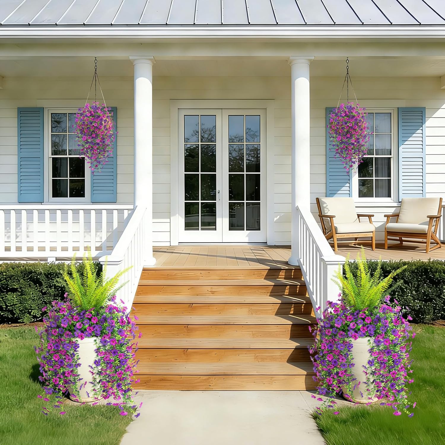 Artificial Fake Hanging Flowers Plants for Outdoor Spring Decoration,3 PCS Faux Silk Daisy with Boston Ferns,UV Resistant Look Real for Outside Home Indoor Planter Porch Patio Balcony Yard Decor - Image 5