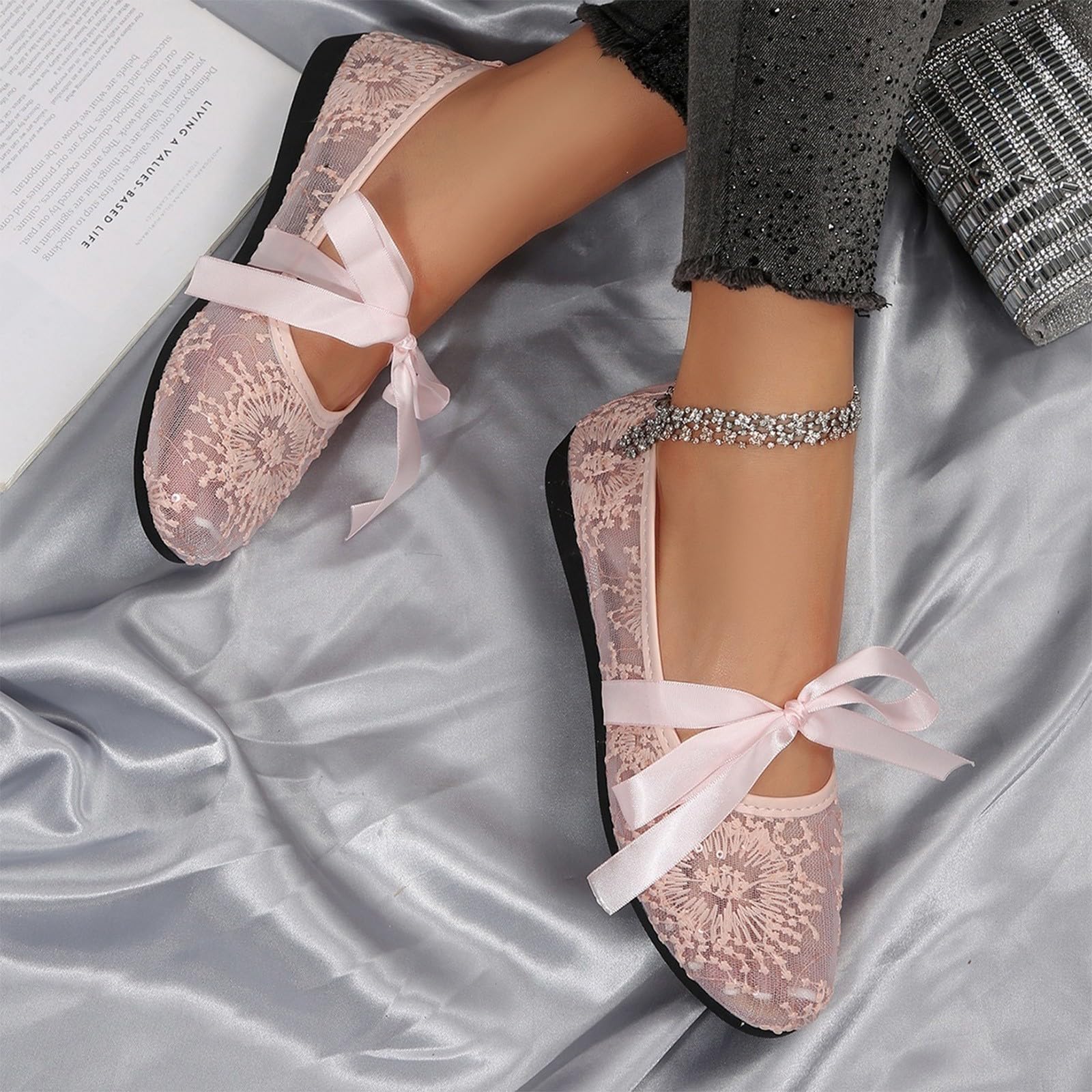 Ballerine Mary Jane Donna in Pizzo Floreale, Scarpe Basse Eleganti con Fiocco e Cinturino, Punta Tonda, Suola Piatta Morbida, Stile Dolce Primavera