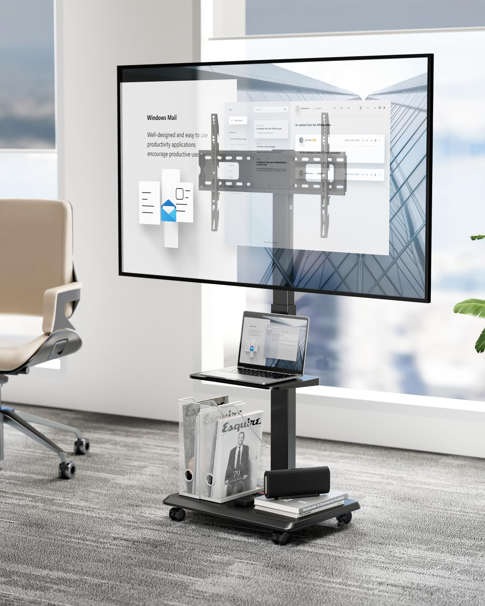 TV Ständer Rollbar mit Steckdose, 37"-75", 50kg, Max VESA 600x400 | TV Standfüße mit Versteckter Kabelverwaltung, Höhenverstellbar, Schwenkbar, Neigbar, ±3° Niveau, Einfache Montage, Schwarz