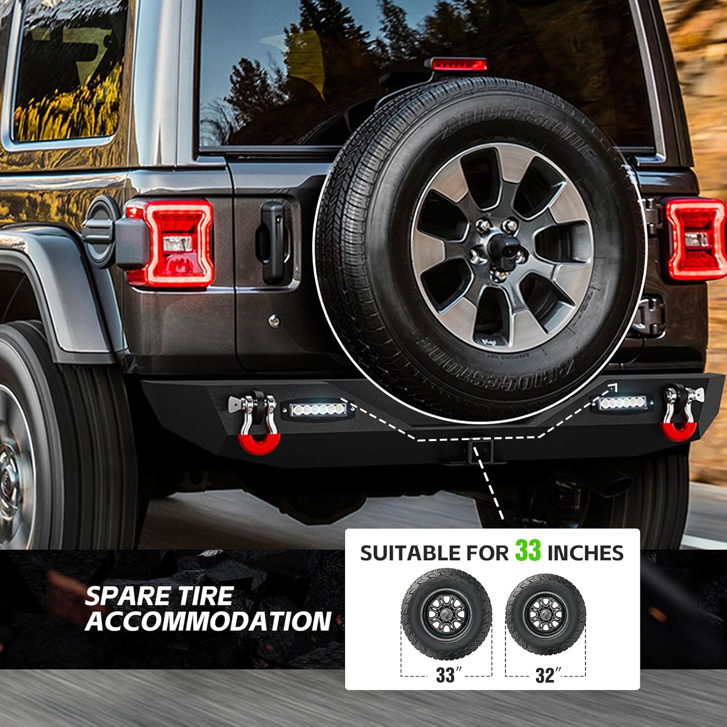 for Wrangler JL Rear Bumper Compatible with 2018 2019 2020 2021 2022 2023 2024 2025 2026 Jeep Wrangler JL JLU Unlimited Off-Road Bumper with 2" Standard Hitch Receiver, D-Rings & 2 x LED Lights