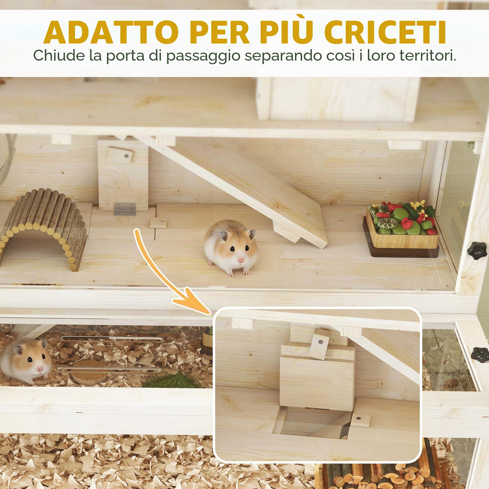 PawHut Gabbia Criceti Legno Capanna, Ruota, Rampe, 100x50x84 cm Nat.