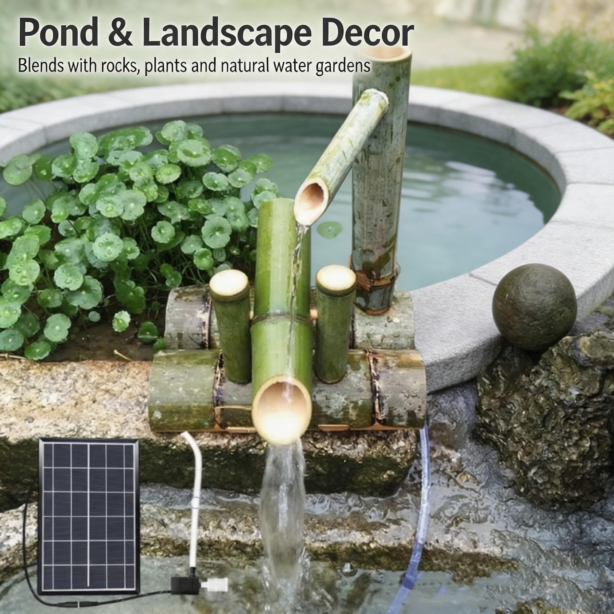 Fontana di bambù ad energia solare for la decorazione del giardino esterno | Fontana solare in bambù, decorazione del giardino Zen, 100% fatta a mano(50CM)