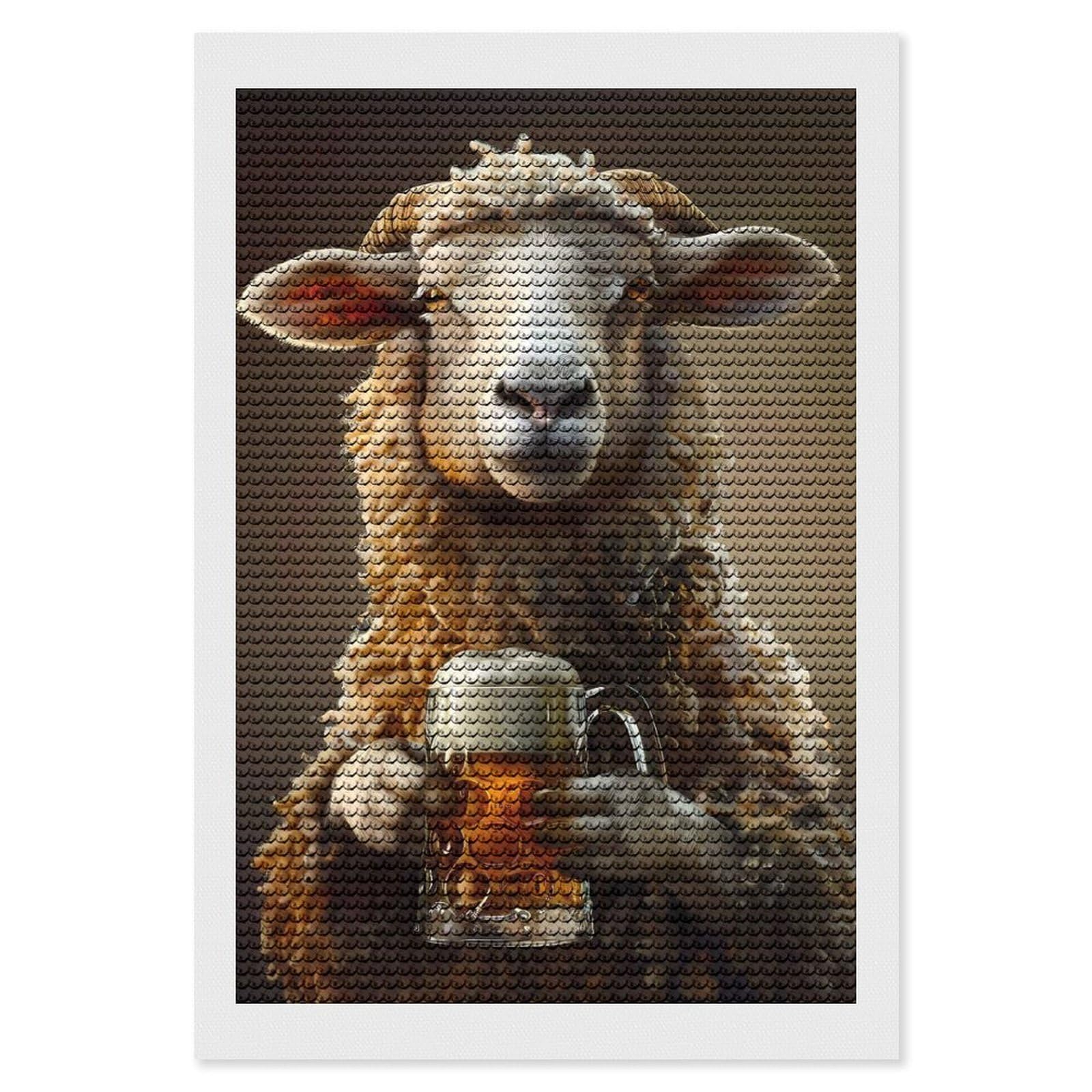 Junmoney Sheep Beer Round Drill Diamond Painting 8"x12", Satisfying Creative Project, Complete Accessories, Printed Canvas
