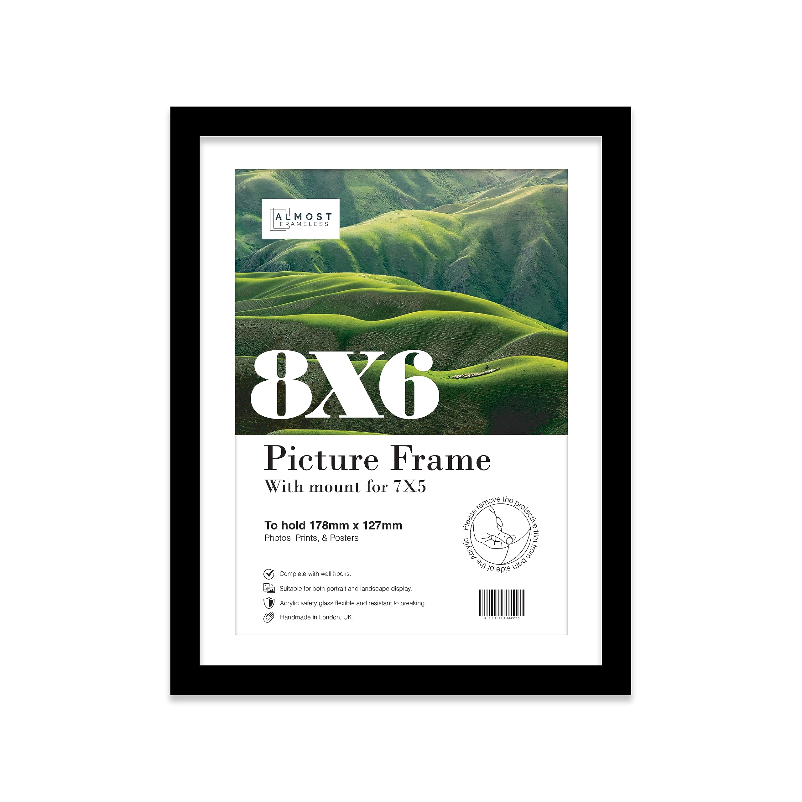 Almost Frameless 8x6 Black Picture Frame With Mount for 7x5 Print, Poster or Photo Poster, Photo, Artwork, or Print. Thin Edge Slim Frame Portrait and Landscape Display with Wall Hooks