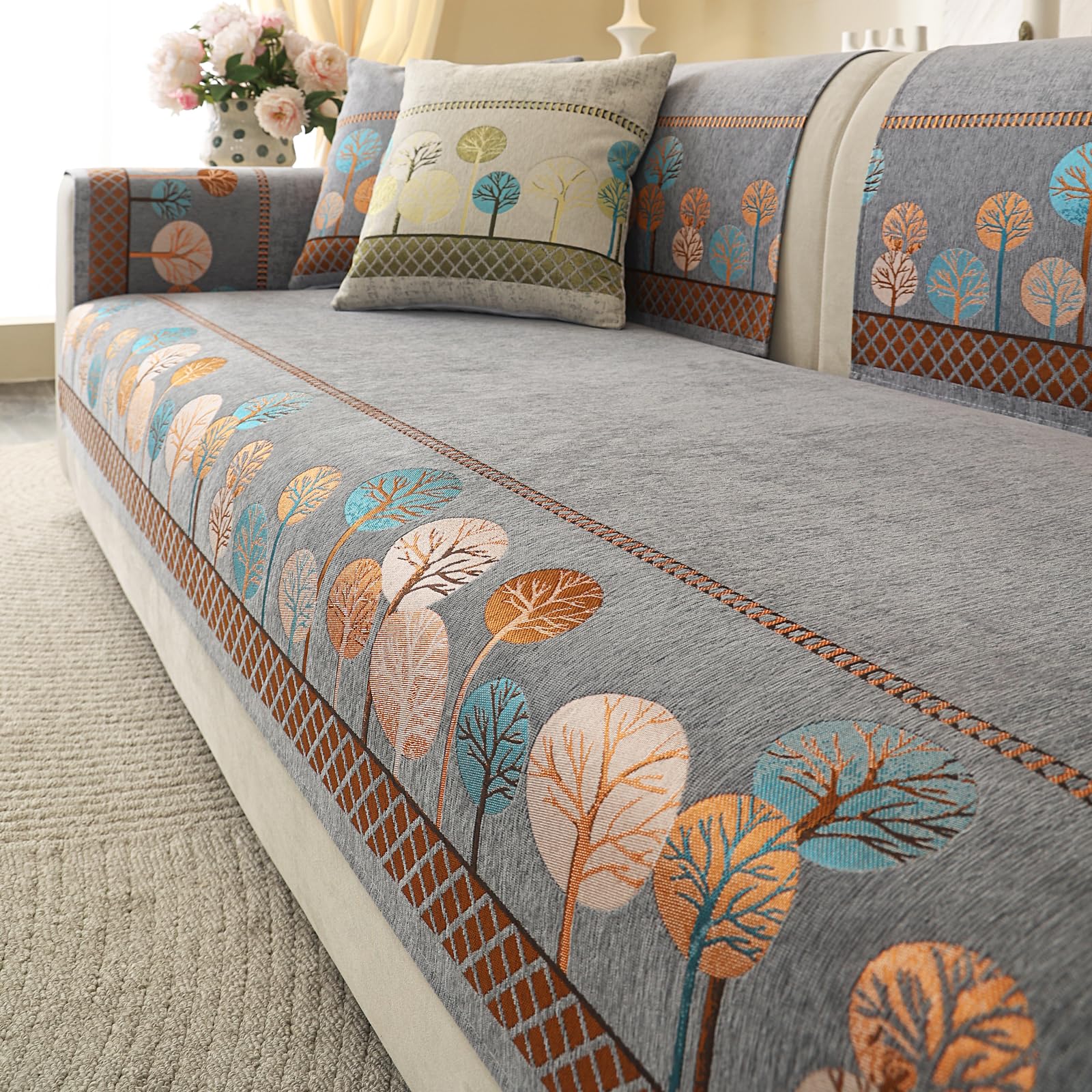 Chenille Boho Jacquard Couch Cover, Washable Sectional Sofa Covers for 3 Cushion Couch Sofa L Sharped Sofa, Non Slip Furniture Protector Slipcover (1 PCS 36"x94" Grey)