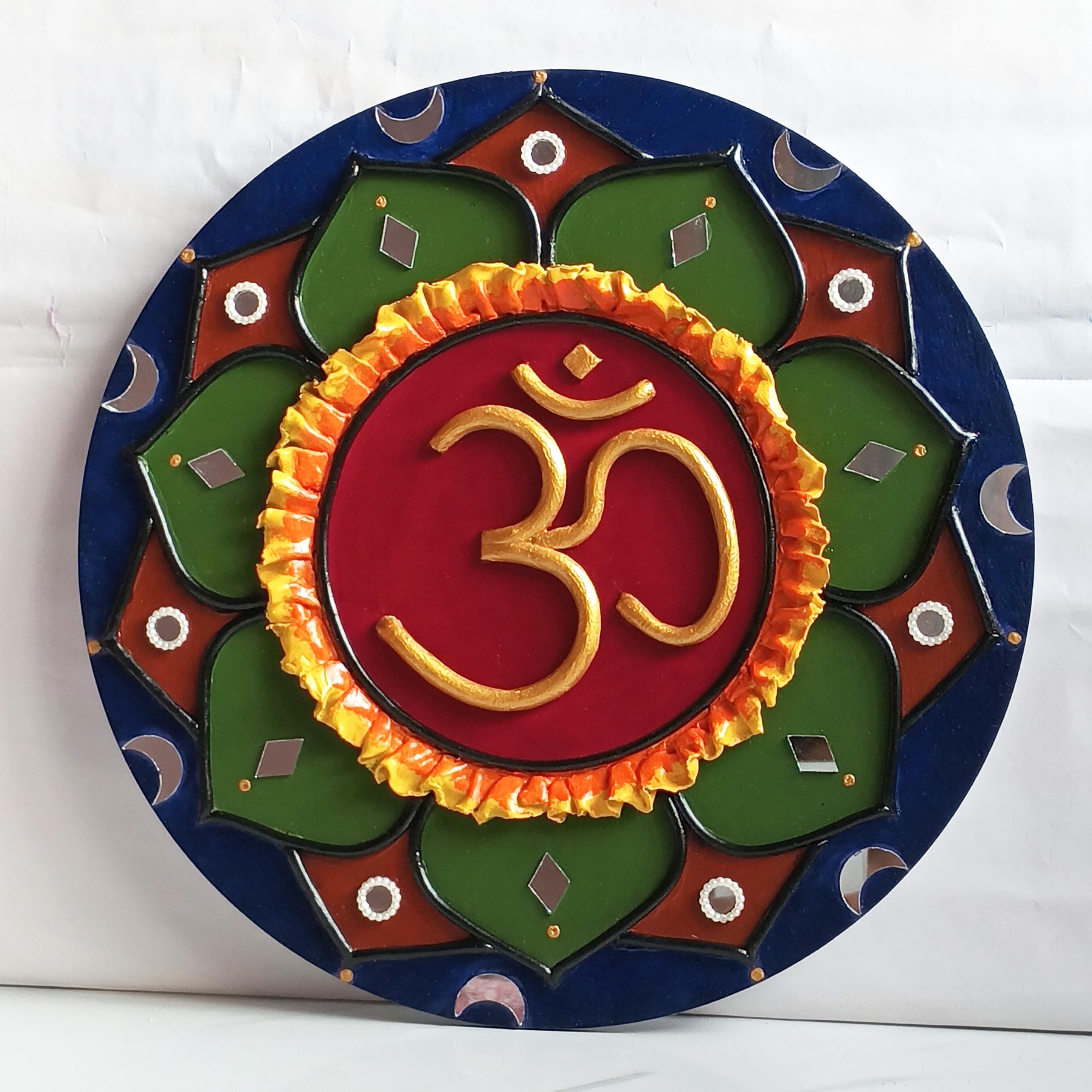 Handcrafted OM Symbol Mandala Round Wall Art, 25 cm | Vibrant Multicolour, Mirror Embellishments, Sacred OM Symbol, Lotus Mandala Design, Wall Decor-image-39