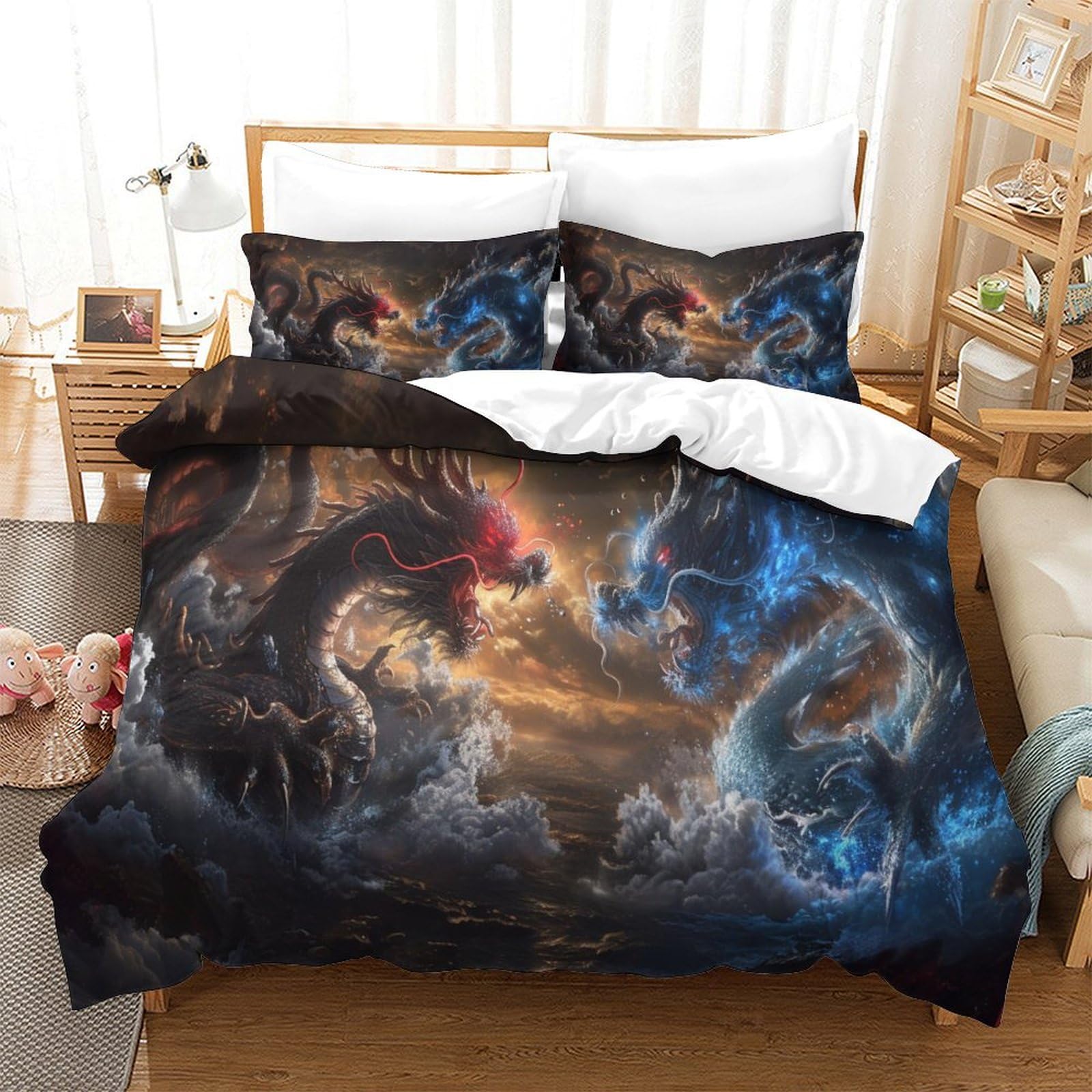 Housse de couette dragon 3D pour lit single parure de lit microfibre anti-pli