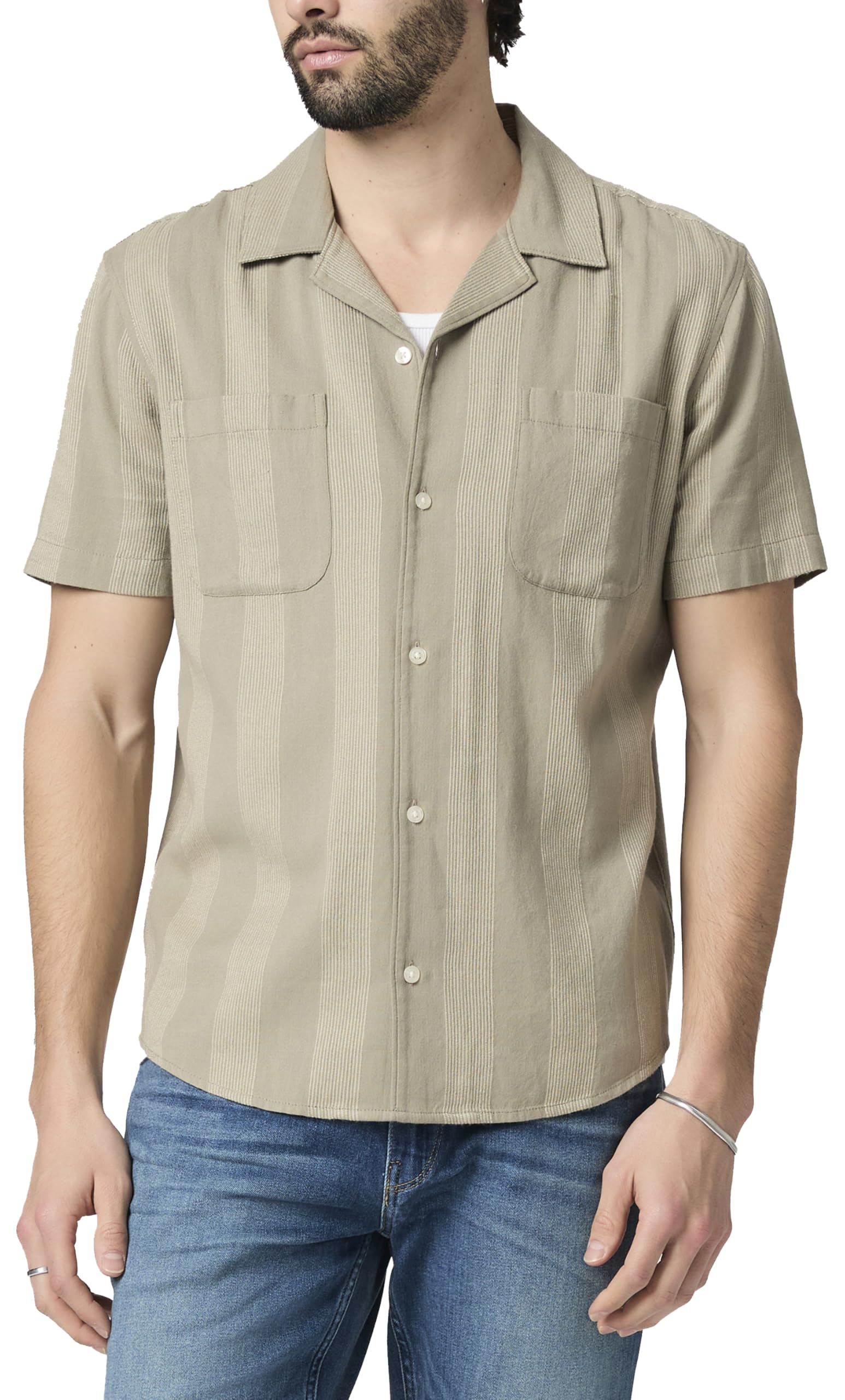 Paige Men's Dried Lemongrass Stripe Jacobson Short Sleeve Striped Button Up Shirt, S