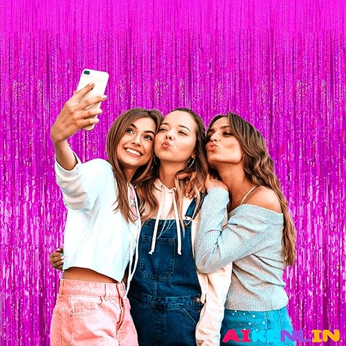 Miniatura 5 de Paquete de 4 cortinas de flecos de papel de aluminio fucsia de 3.2 pies x 8.2 pies, cortinas de oropel metálico con flecos para cabina de fotos,