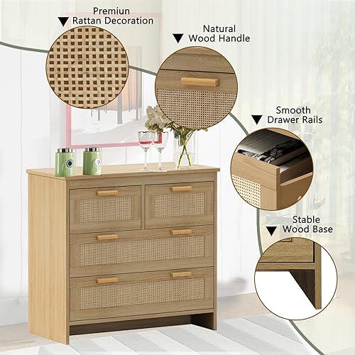 Miniatura 4 de Cómoda de ratán con 4 cajones, moderna mesita de noche de madera natural con mango de metal, cómoda bohemia de granja con cajones para dormitorio,