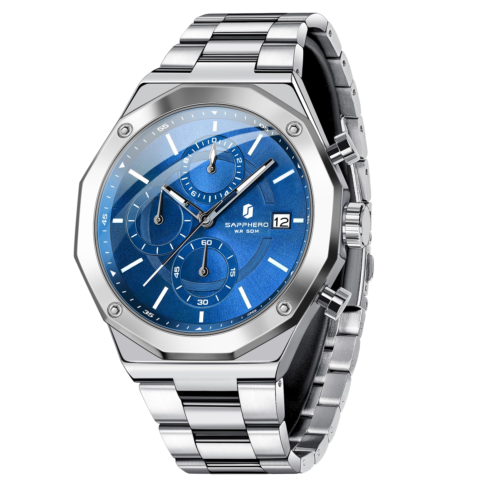 SAPPHERO Horloges Heren Chronograaf Diamond Business Roestvrij Staal Analoog Quartz Polshorloge Men Waterdicht Lichtgevende Datum Luxe Casual Werk Heren Horloges Elegante Geschenken voor Mannen SAPPHERO Horloges Heren Chronograaf Diamond Business Roestvrij Staal Analoog Quartz Polshorloge Men Waterdicht Lichtgevende Datum Luxe Casual Werk Heren Horloges Elegante Geschenken voor Mannen