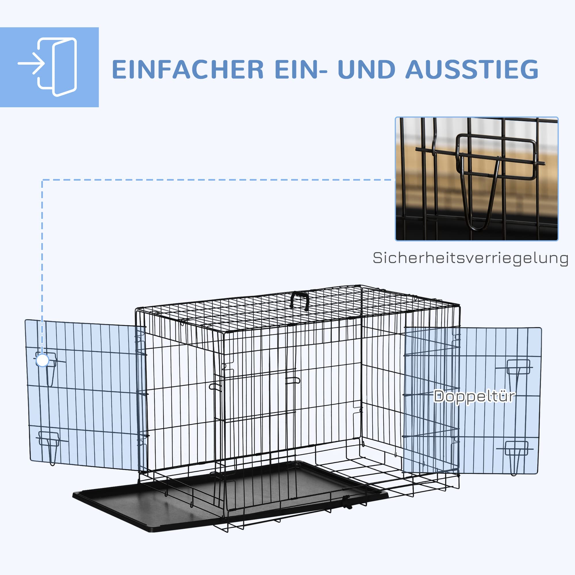 PawHut Hundekäfig Transportkäfig Drahtkäfig Hundebox Transportbox Reisebox mit 2 Türen Schwarz 91x61x67 cm