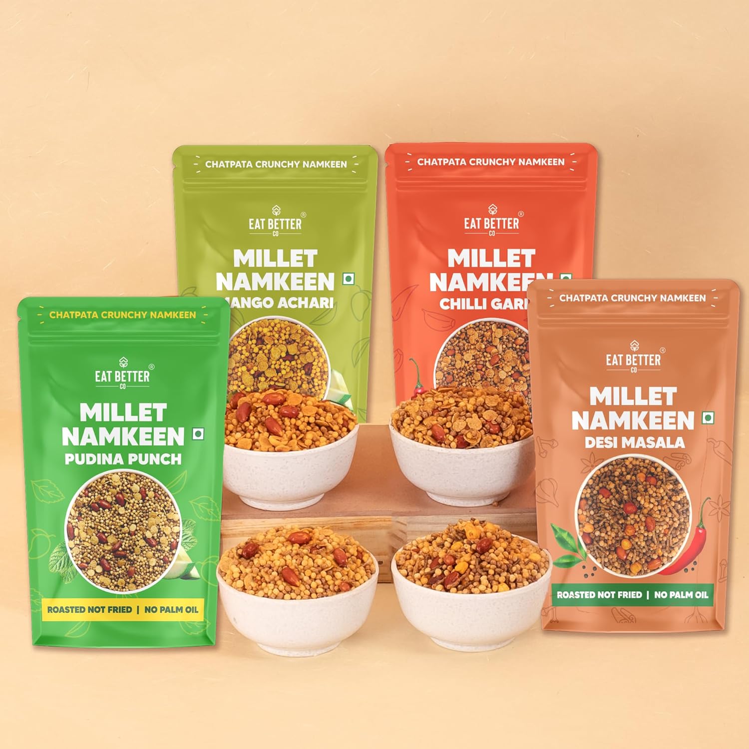 Eat Better Co – Millet Namkeen Combo – Four Flavours – Desi Masala, Mango Achari, Pudina Punch and Chilli Garlic – 4 * 100 grams – Healthy Snacks for Adults Combo Eat Better Co – Millet Namkeen Combo – Four Flavours – Desi Masala, Mango Achari, Pudina Punch and Chilli Garlic – 4 * 100 grams – Healthy Snacks for Adults Combo