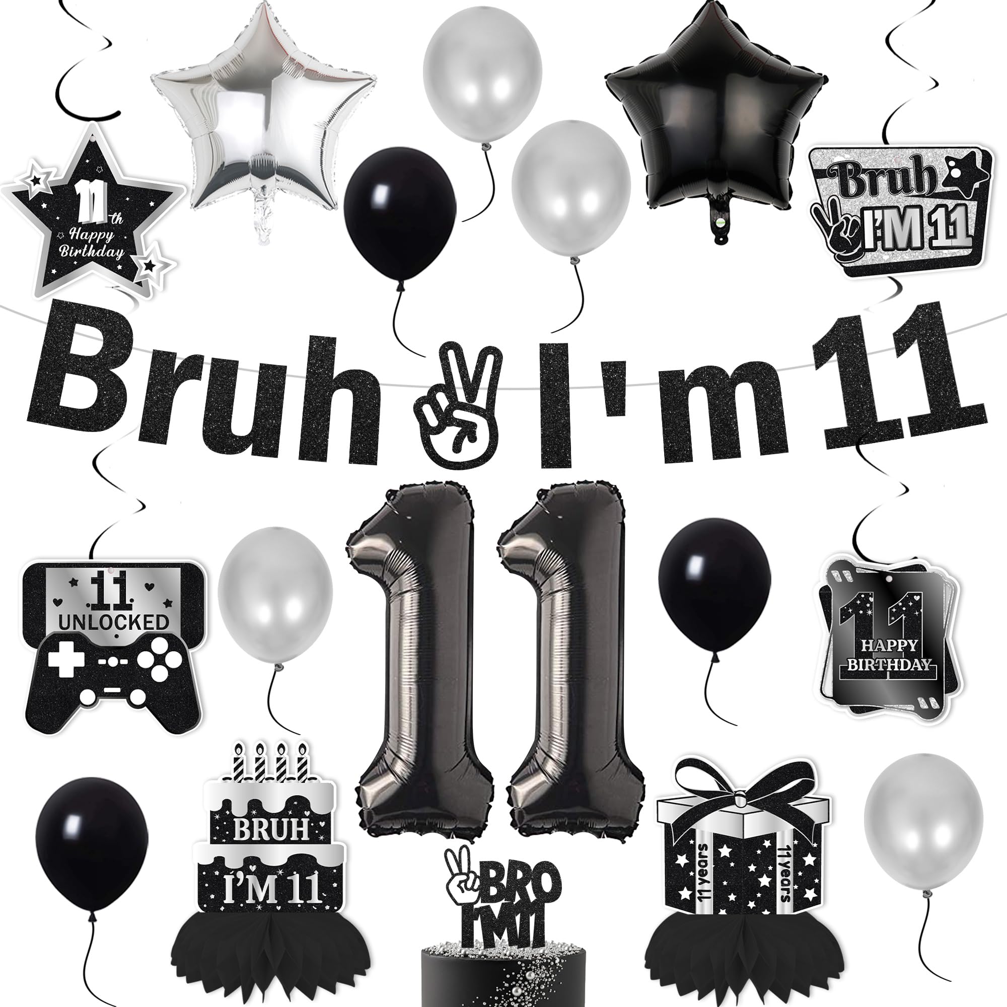 Bruh 11th Birthday Decorations for Boys - Bruh I'm 11 Banner Number Heart Balloons Honeycomb Centrepieces, Cake Topper Black 11 Years Old Boys Party Supplies Blue Black Theme
