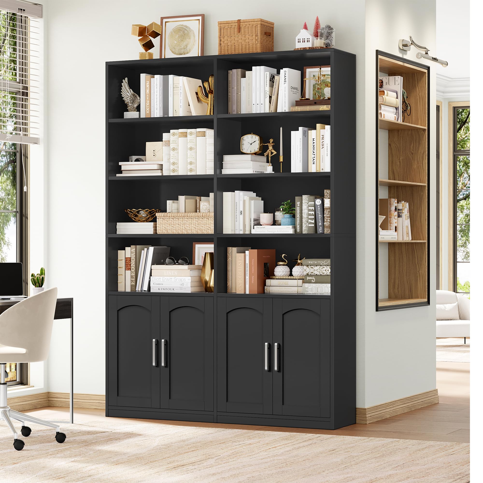 FirFurd Boekenkast met deuren, boekenkast met 12 vakken, van hout, hoge kast, rek met deuren voor woonkamer, werkkamer, kantoor, kinderkamer, keuken, 144,8 x 29,8 x 121 cm, wit