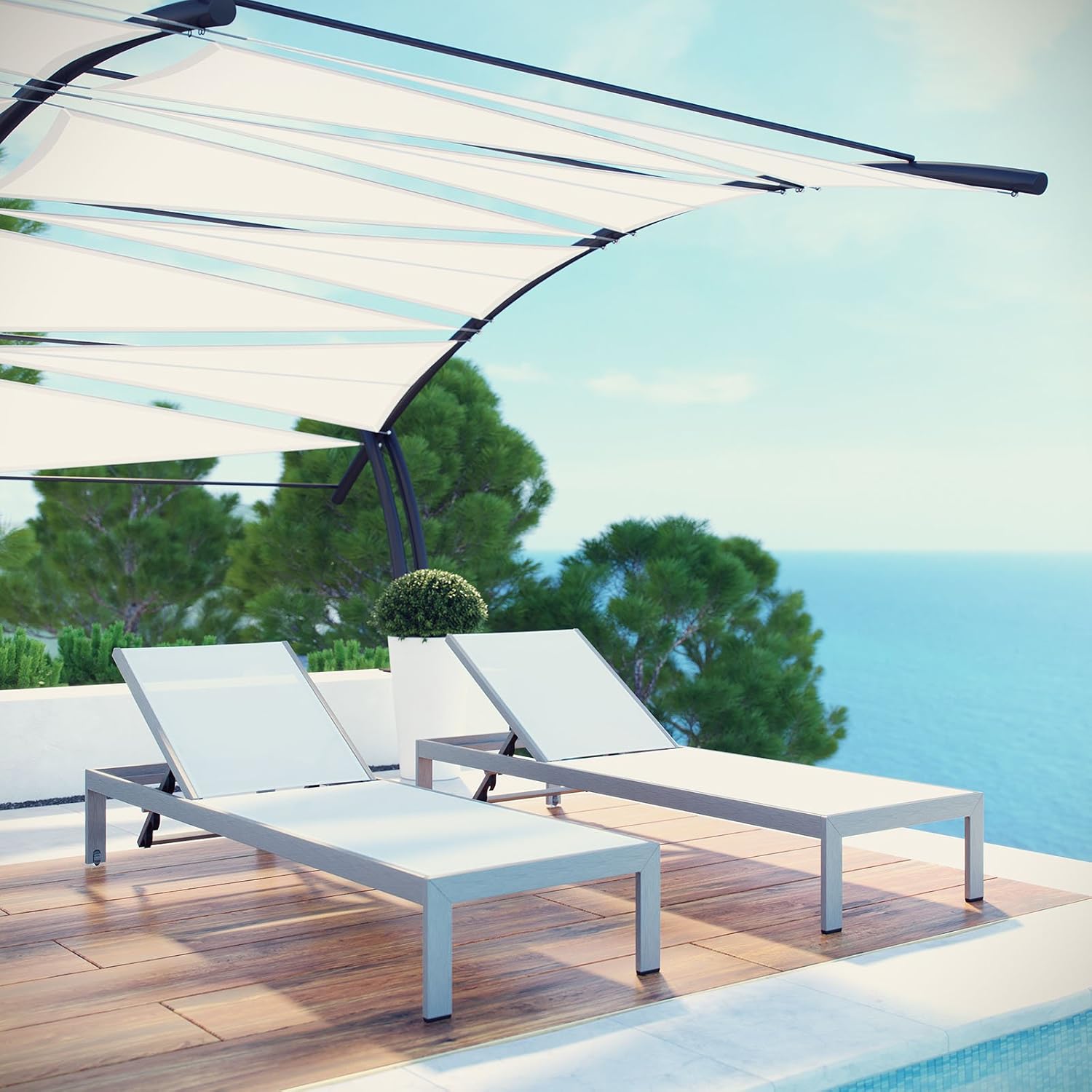 Modway Shore Aluminum Textilene® Mesh Outdoor Patio Two Poolside Chaise Lounge Chairs in Silver White
