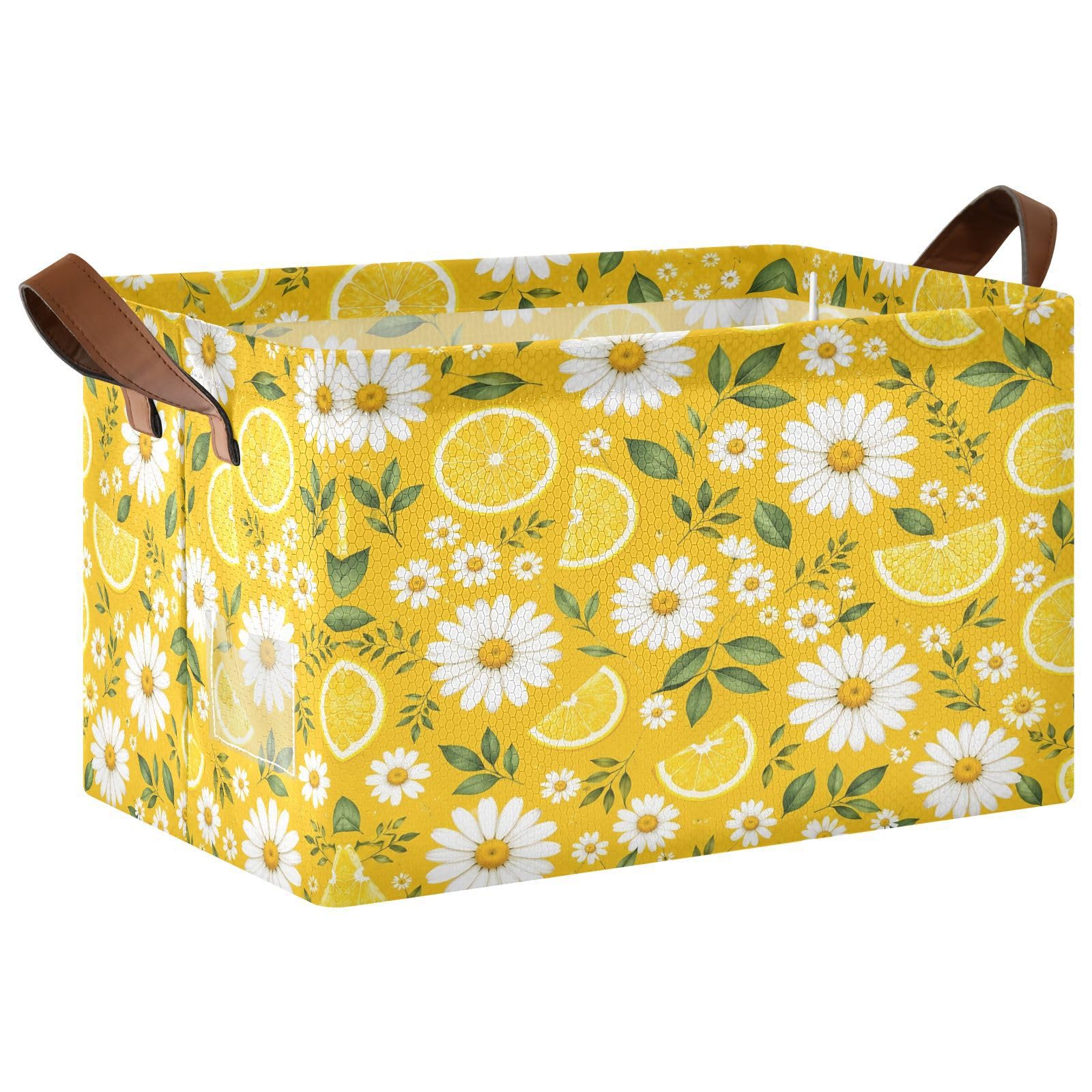 Ewusp Daisy Lemon Storage Basket with Handles Waterproof Collapsible Storage Bin Closet Organiser Dog Toy Basket for Bedroom Nursery Office Home Organizing