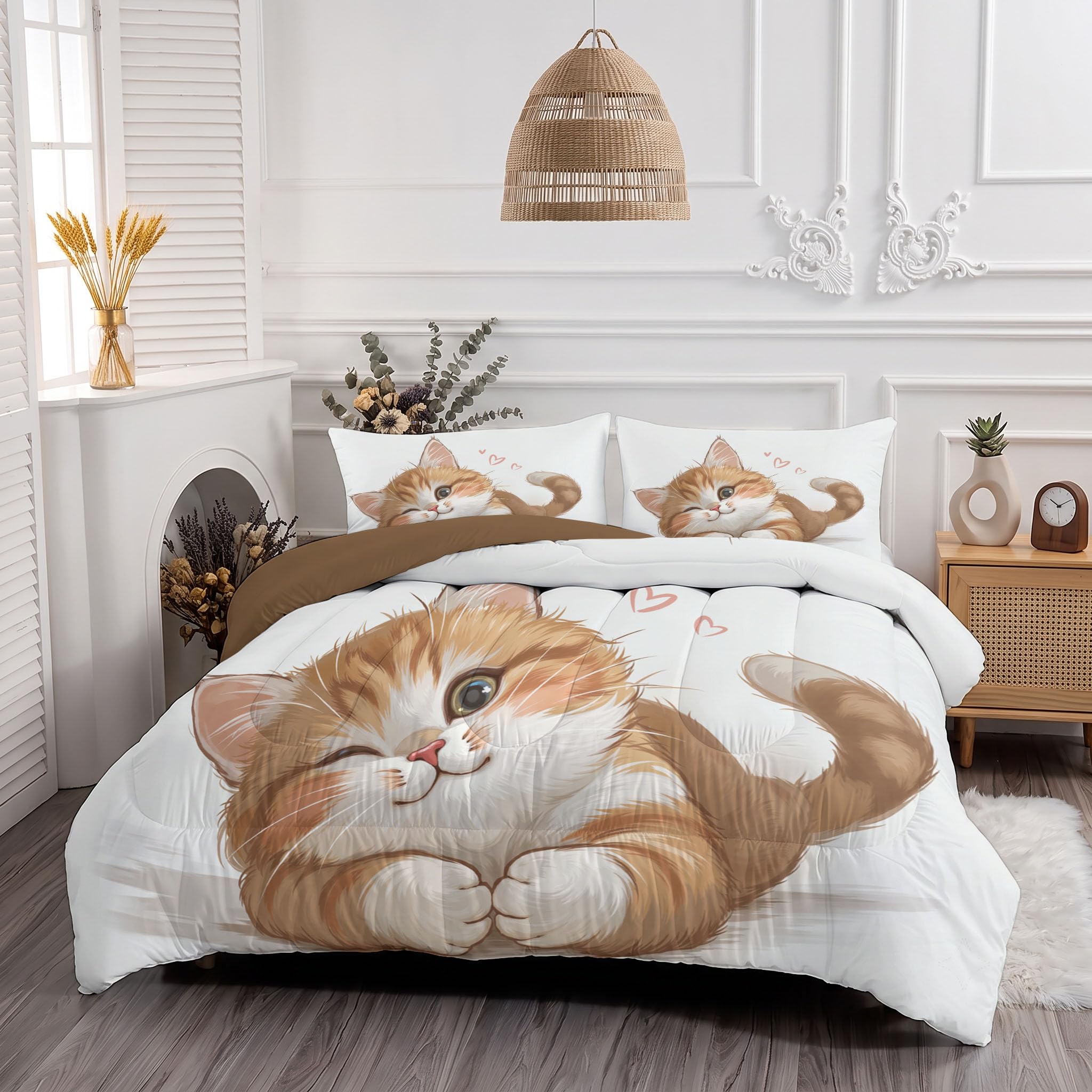 Juego de Edredón Infantil 200x200cm con Almohada para Cama 105 – Relleno Nórdico Gatito Pelo Largo Edredones Acuarela Mascota Adorable 4 Estaciones Nórdico Conforter, Lavable a Máquina, Blanco