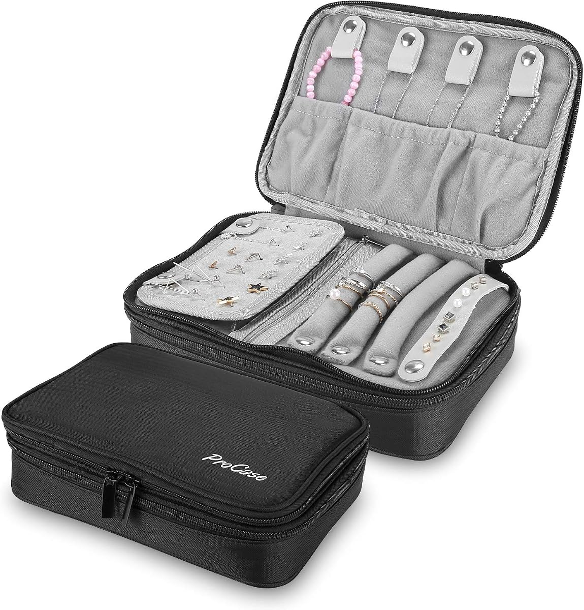 Bolsa organizadora para estuche de joyería de viaje, bolsa acolchada suave para llevar joyas Soporte de almacenamiento portátil para pendientes Anillo Collar Pulsera Cadena
