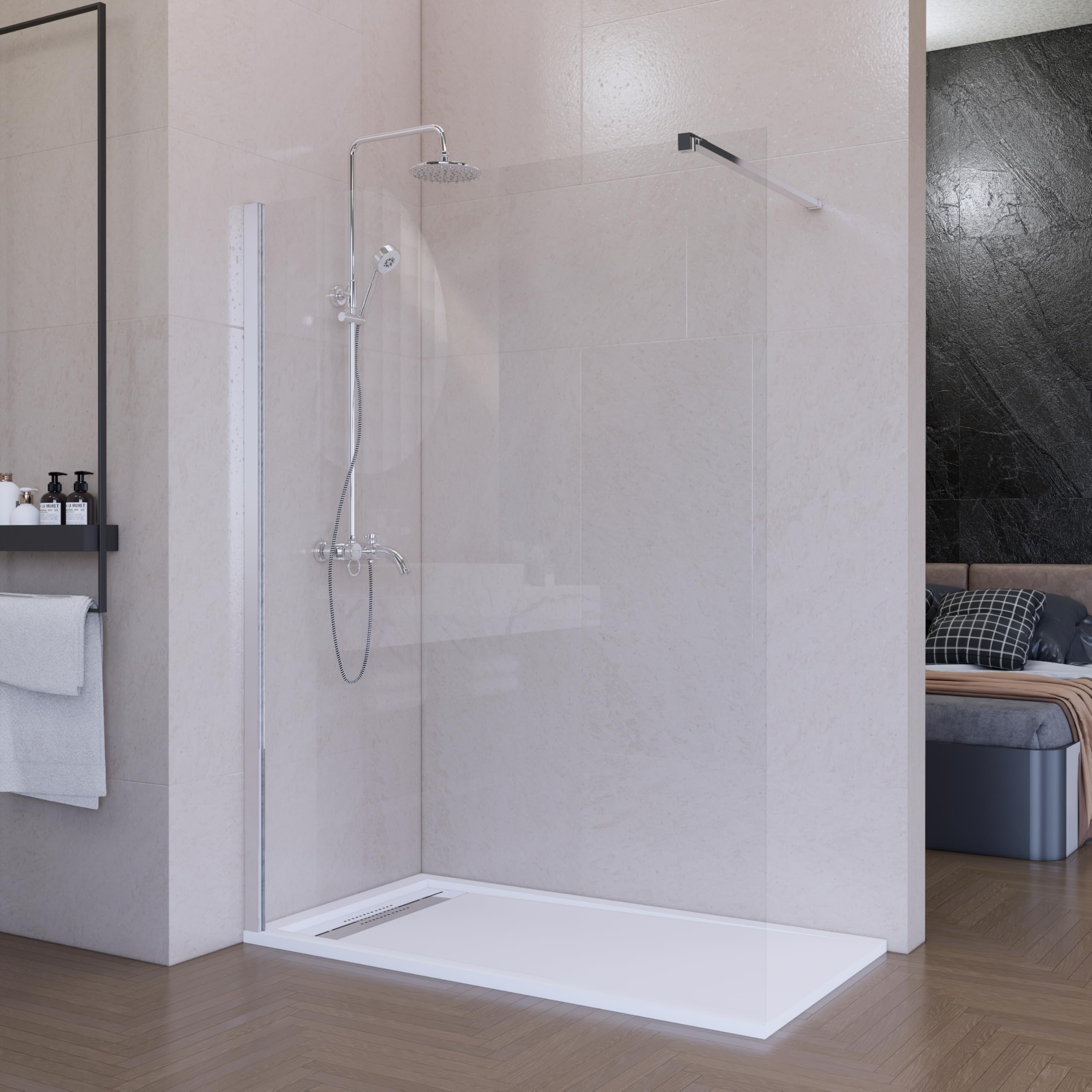 Mampara de Ducha Fija Cromo 120 x 200 cm, Cristal Templado Transparente 8 mm con Tratamiento Antical, Panel Walk In Reversible para Baño Moderno
