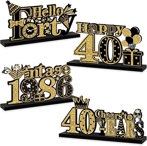 4 piezas de decoración de 40 cumpleaños de madera vintage 1985 suministros de mesa para fiestas, letrero de centro de mesa de oro negro con texto en