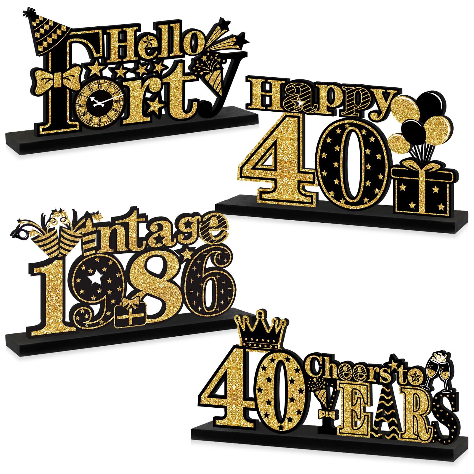 Turypaty 4 Pieces 40th Birthday Decorations Wooden Vintage 1986 Table Party Supplies, Black Gold Cheers to 40 Years Table Centerpieces Sign, Happy