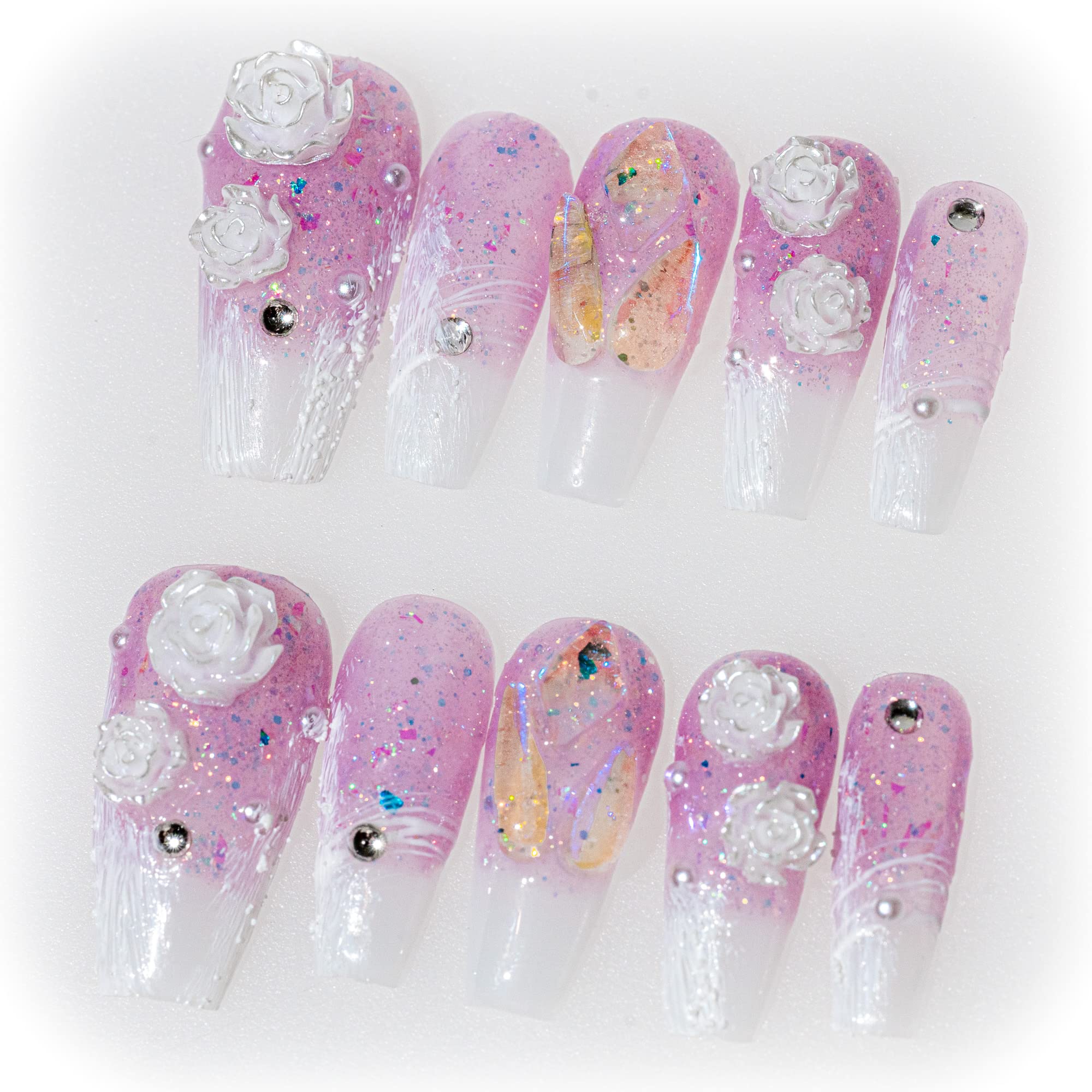 Sun&Beam Nails 手作り ネイルチップ ミディアム ロング バレリーナ 緑 グリーン 蝶 花 人気 3D おしゃれ 可愛い デザイン つけ爪 付け爪 収納ボックス付き 10枚入 (M, #04 上品な紫) - 1