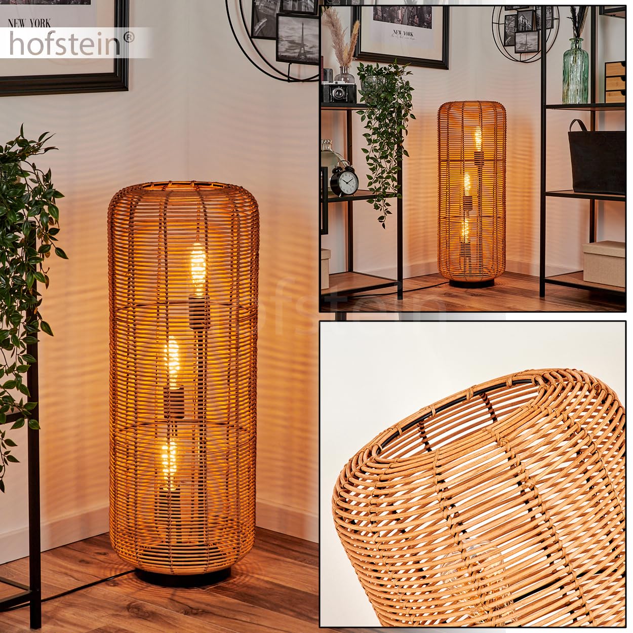 Stehleuchte Mulstrand, moderne Stehlampe aus Metall/Rattan in Schwarz/Natur, Leuchte im Boho-Design mit Schirm in Gitter-Optik, An-/Ausschalter am Kabel und Lichteffekt, 3 x E27, ohne Leuchtmittel