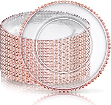 Zopeal 18 PCS Clear Charger Plates with Beaded Rim 13 Inch Plastic Round Charger Plates Bulk for Dinner Home Kitchen Wedding Party TabletopRose Gold
