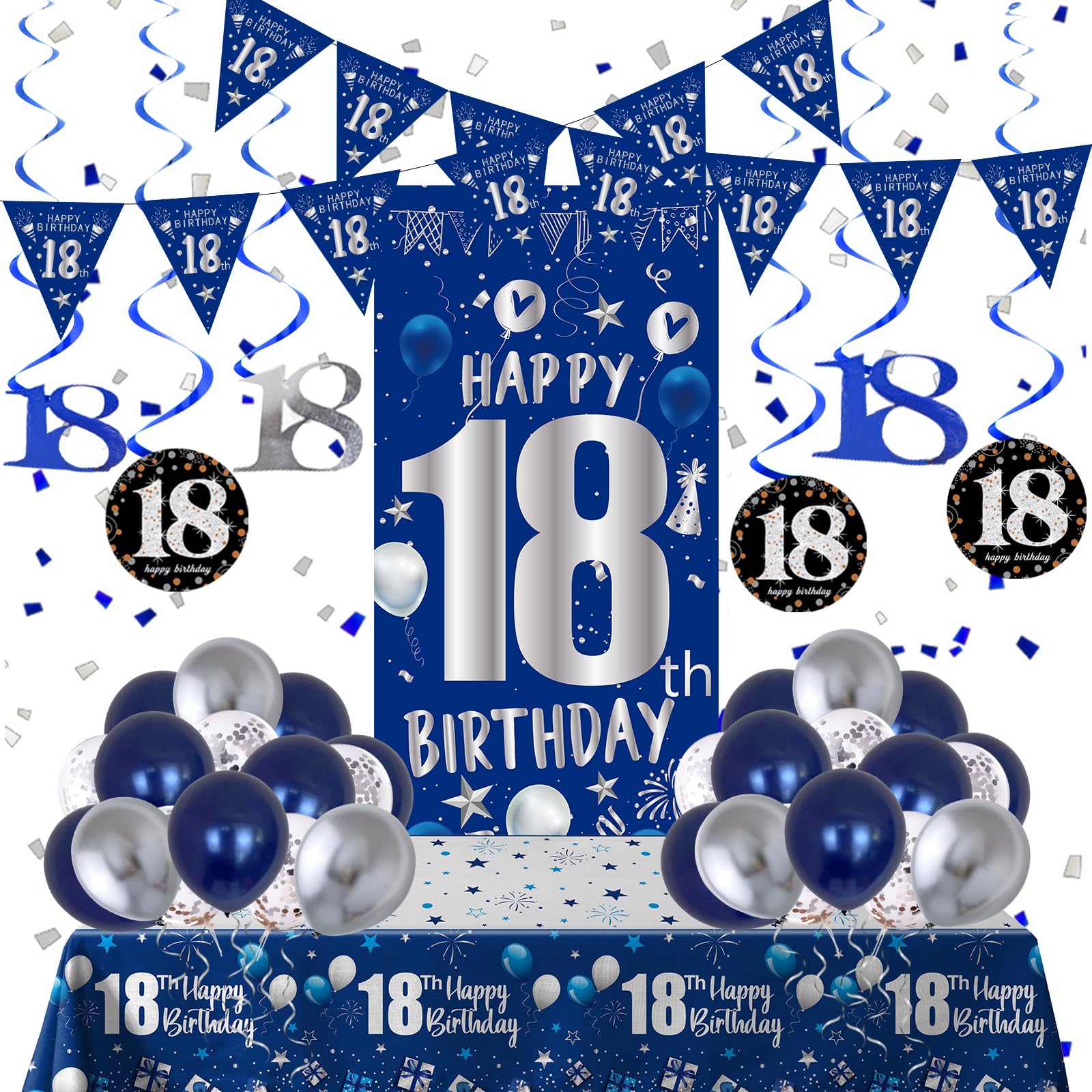 18th Birthday Decorations for Boys Girls, Blue Silver Happy 18th Birthday Decorations Set with 18th Birthday Backdrop Banner Tablecloth Balloons