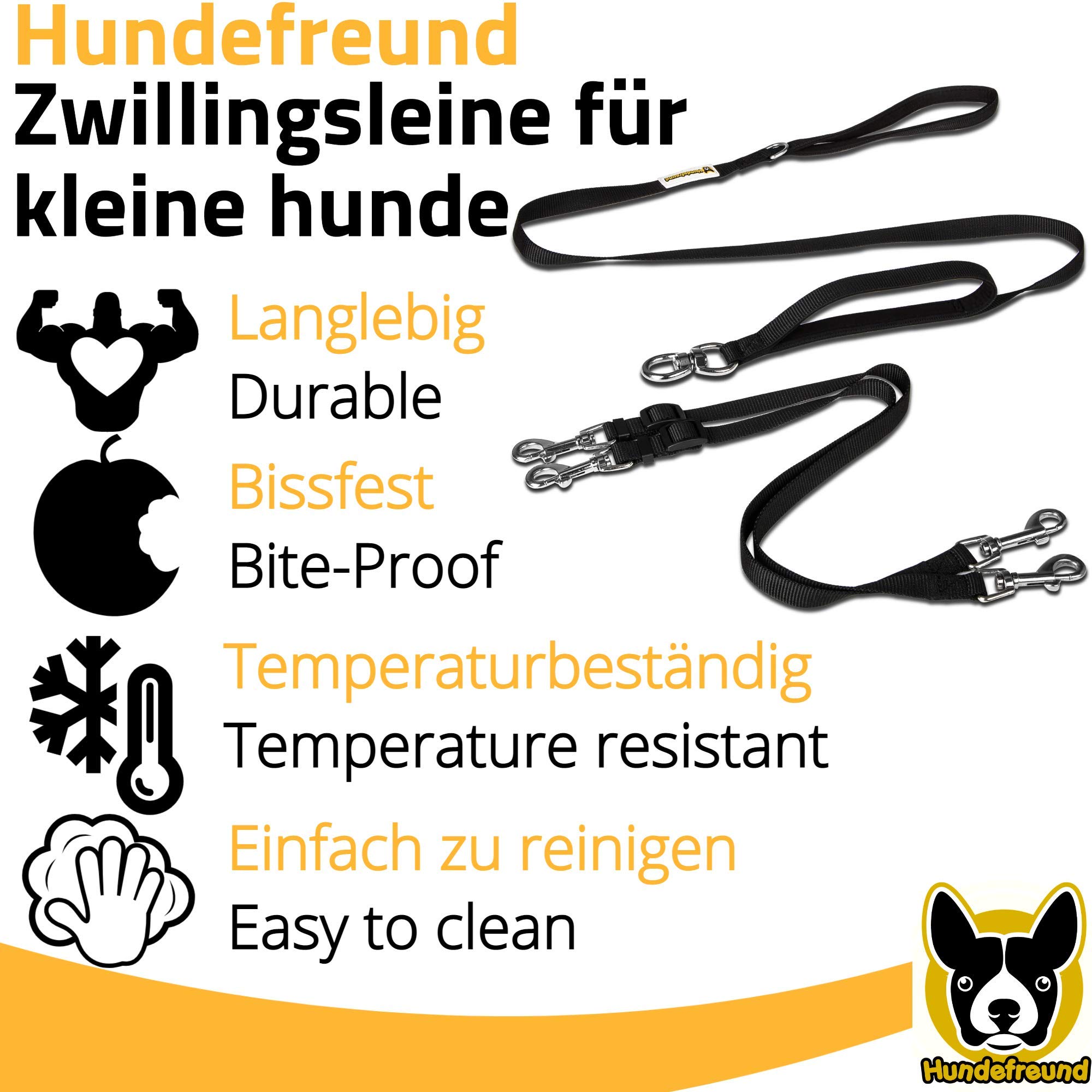 Hundefreund Zwillingsleine für Zwei Hunde bis 30 kg – Verstellbare Doppel-Hundeleine (160–180 cm) mit Drehgelenk, gepolstertem Griff & Rückhalteschlaufen