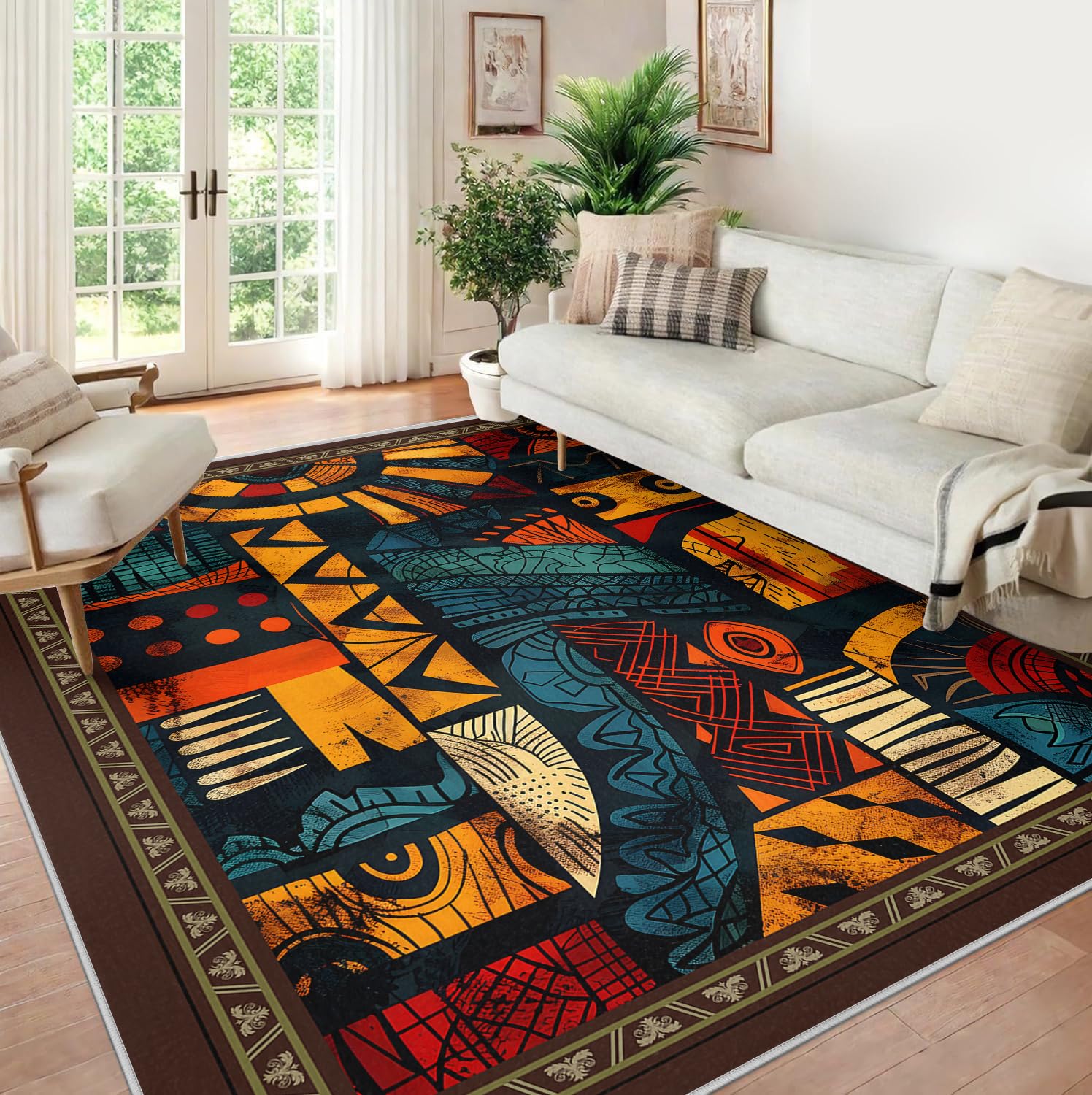Waschbarer Teppich 140x200 Flächenteppiche für Wohnzimmer Kinderzimmer Primitive Tribal Kunst ultraweiche Kunstwolleteppiche rutschfeste und Nicht abfallende Teppiche mit niedrigem den