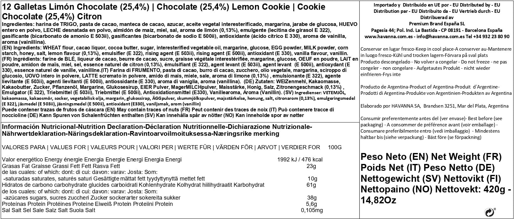 Havanna | Biscottini al Limone Ricoperti di Cioccolato | Biscotti Ricoperti e Ripieni di Crema Delicata | 12 unità | 420 g
