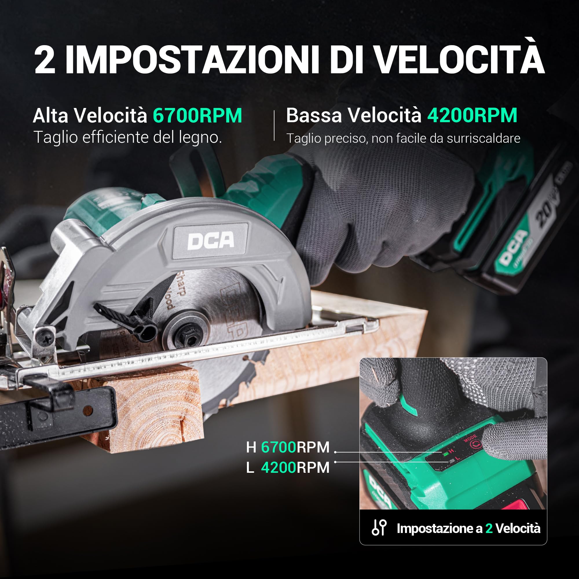DCA Sega Circolare Mini Senza Spazzole, 2 Velocità 6700/4200 Rpm con 20V 4,0Ah Batteria, 3 Lame Ø125mm e Guida, Profondità Taglio 45mm(90°)/33mm(45°), Per Legno, Plastica, PVC