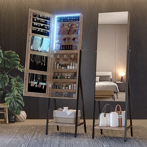 Miniatura 6 de LVSOMT Armario de joyería de 3 luces LED de longitud completa, espejo de pie con almacenamiento de joyas, organizador de espejo grande con cerradura