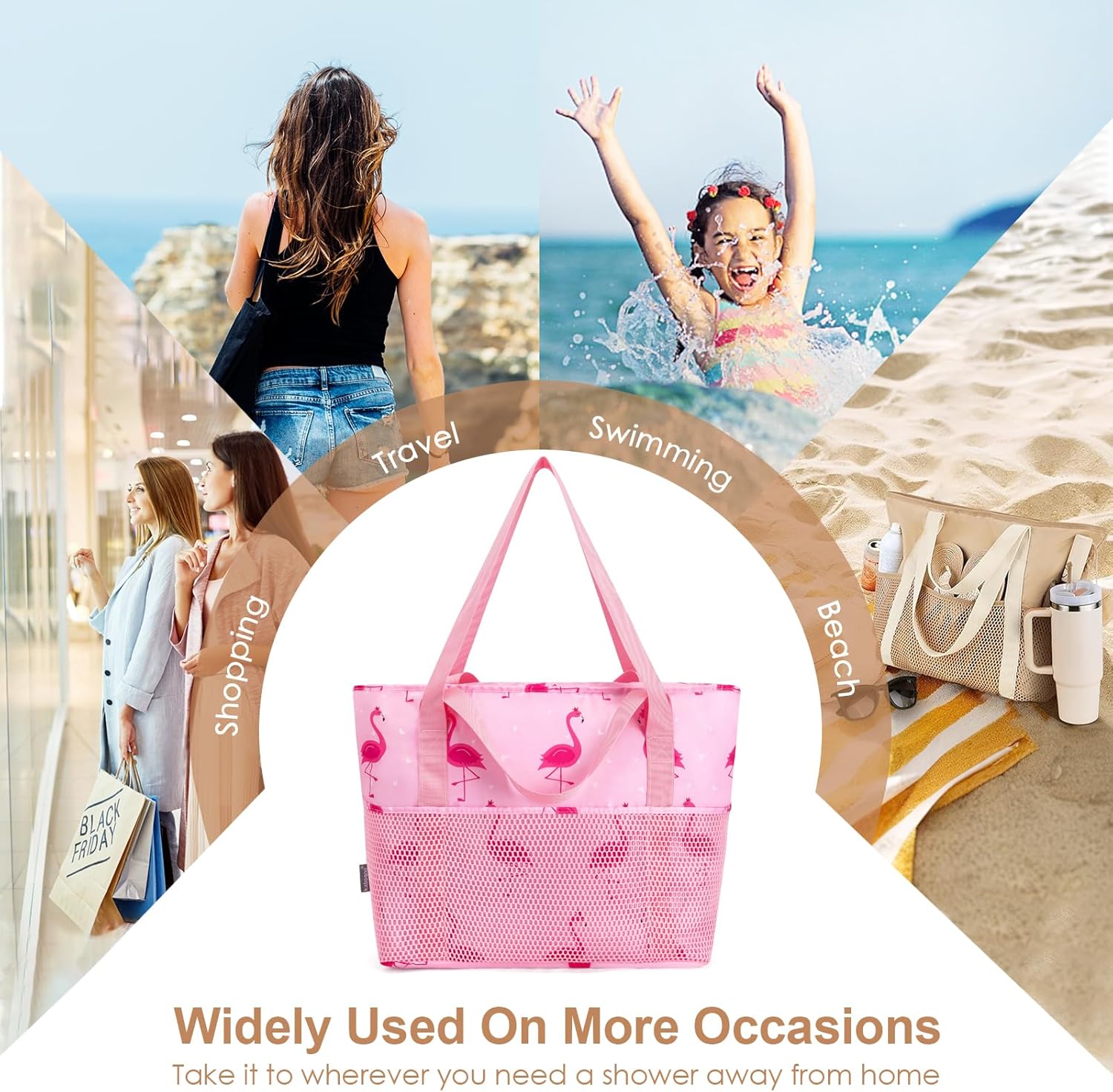 KABAQOO Large Beach Bag Waterproof Sandproof Tote Bag for Women with Zipper & Mesh Pockets for Pool Swim Travel Everyday - Image 8