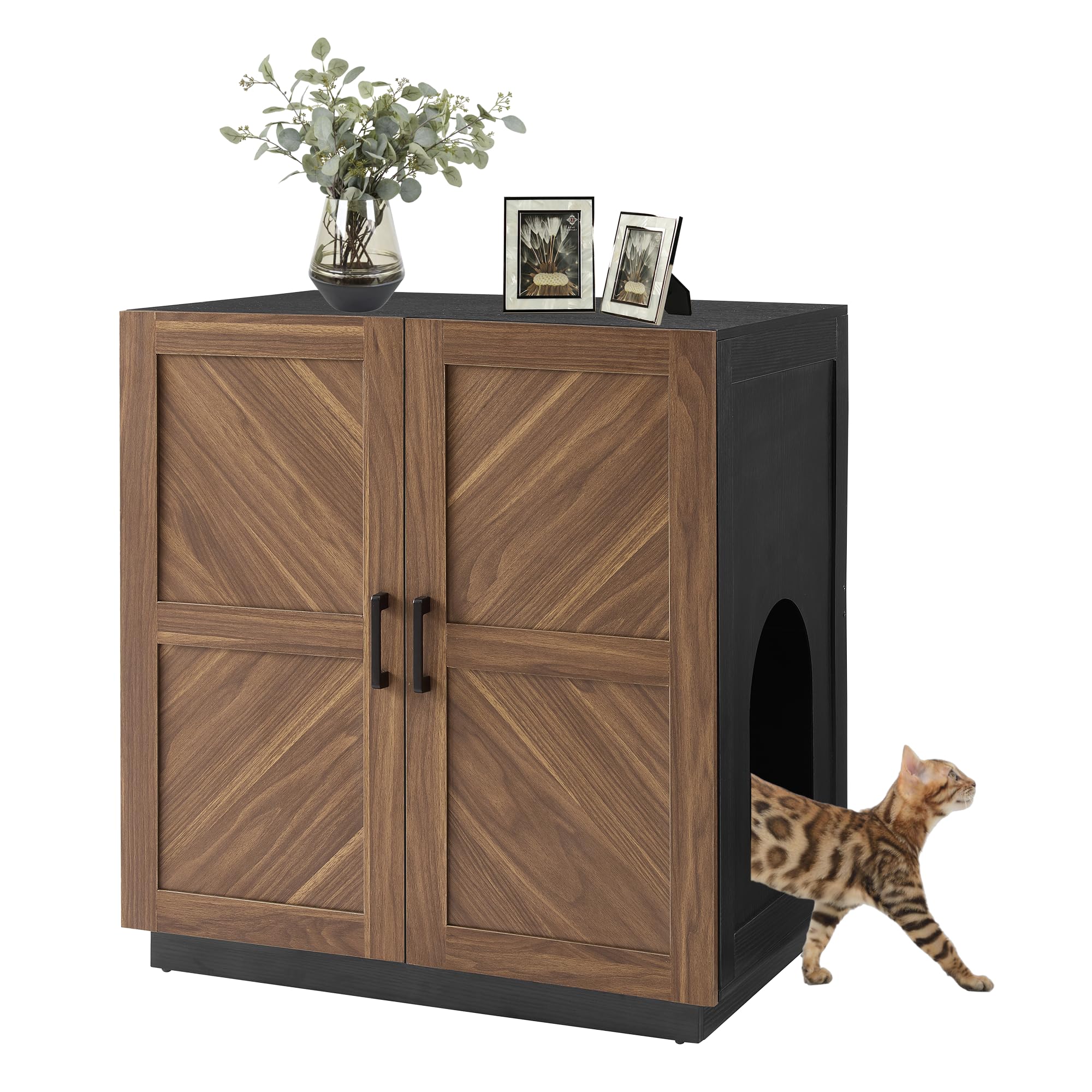 unipaws Cat Litter Box Enclosure with Shelves, Tall Hidden Litter Box Cover for Tall or Top Entry Litter Box, Kitty Enclosed Litter Box Cabinet, Cat Box Furniture, Walnut