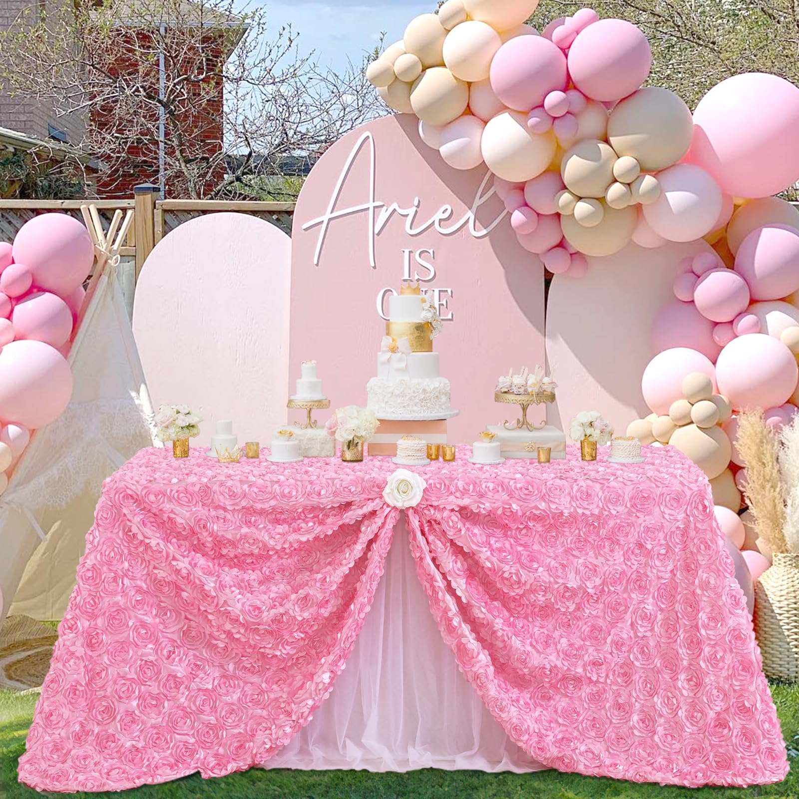 Fanqisi Pink Rosette Tablecloths 90 x 132 Inches Baby Shower Decorations for Girls Birthday Party Dinner Cake Table Top Decor