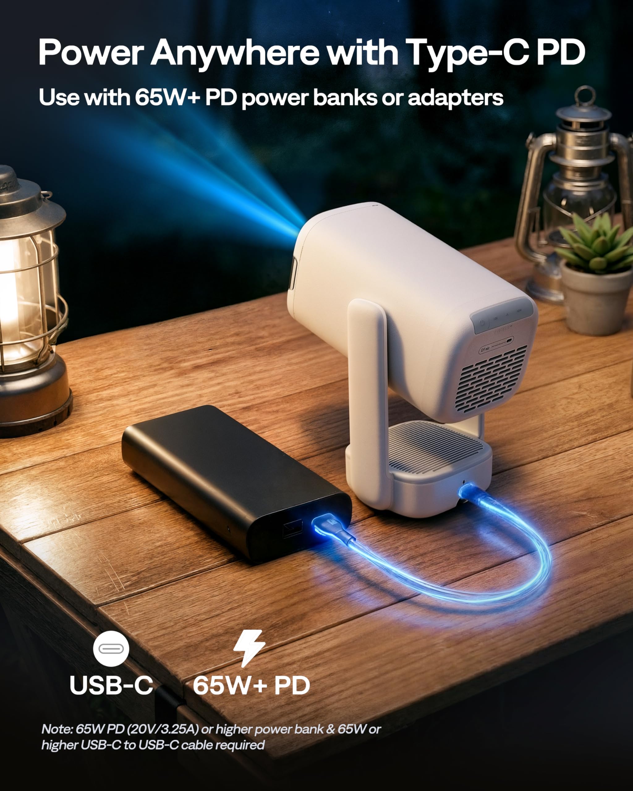 Aurzen Aurzen D1 air Smart Portable Projector with WiFi and Bluetooth, USB-C Powered, Easy Auto Setup, 16W Dolby Audio, Built-in Official Apps, Native 1080P HDR10, Outdoor Movie Projector 4K Supported, White in use