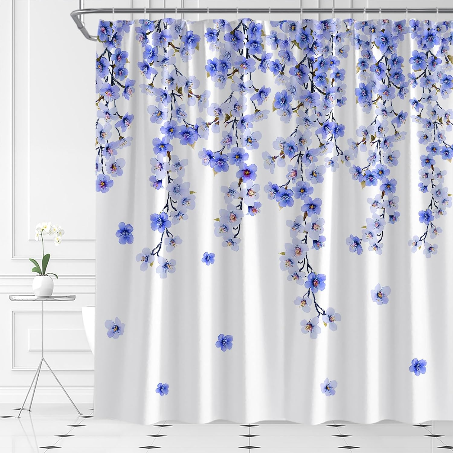 Cherry Blossom Shower Curtain Japanese Pink Floral Watercolor Flower Vine Asian Plum Blossom Spring Nature Bathroom Curtain Fabric with Hooks(90" Wx70 H)