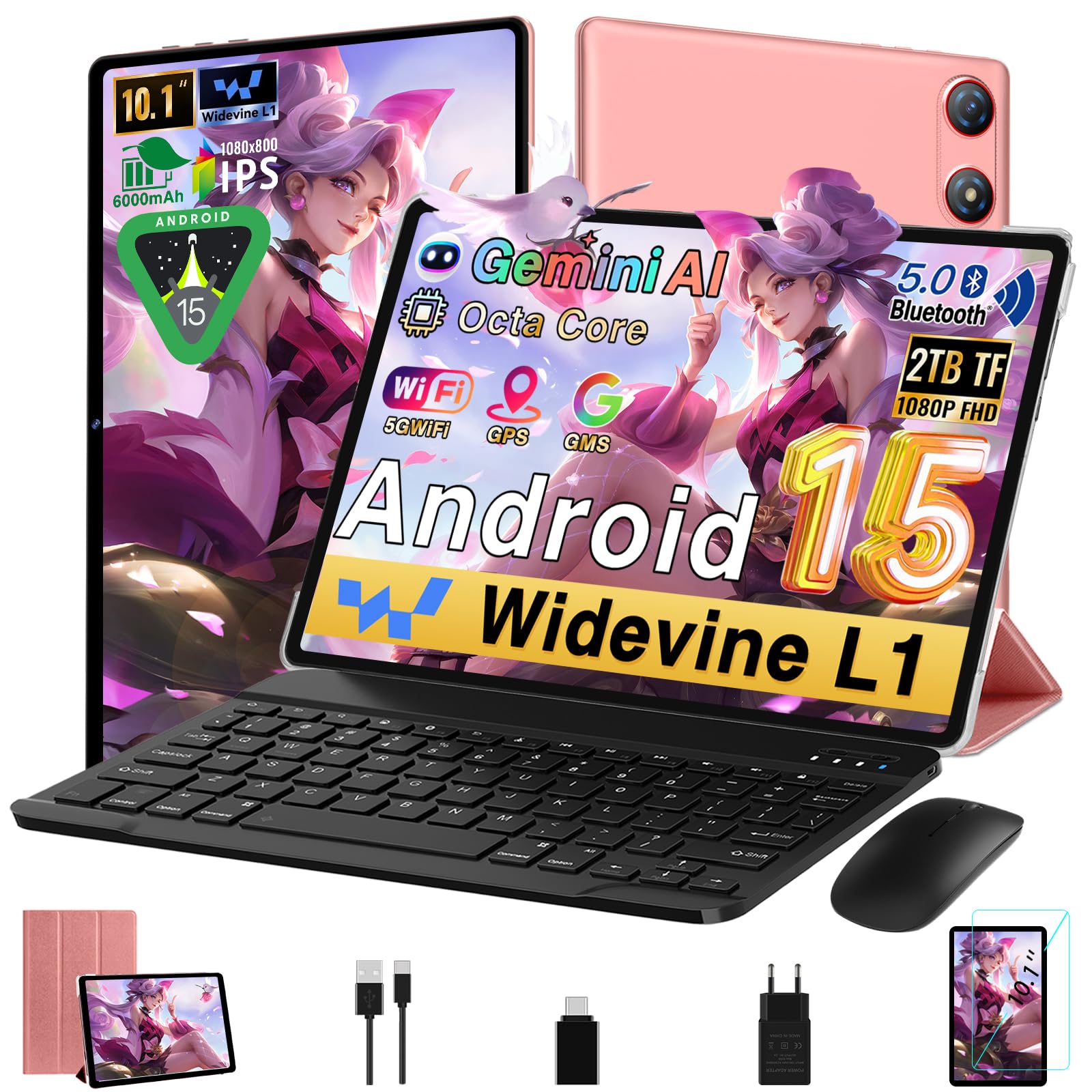 Tablet 10 Pollici Android 14 Octa-Core 10GB RAM + 64GB ROM + 1TB TF - WiFi 6, Widevine L1, Batteria 5000mAh, Sblocco Facciale, Nero