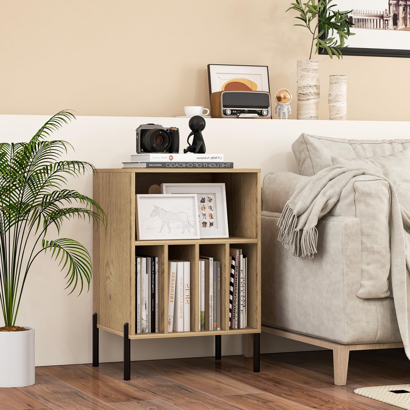 Meuble Platine Vinyle Avec Station De Recharge - Armoire Rotin, étagères Réglables, 80x40x64.5 Cm - Rangement Disques Et Espace Multimédia Salon