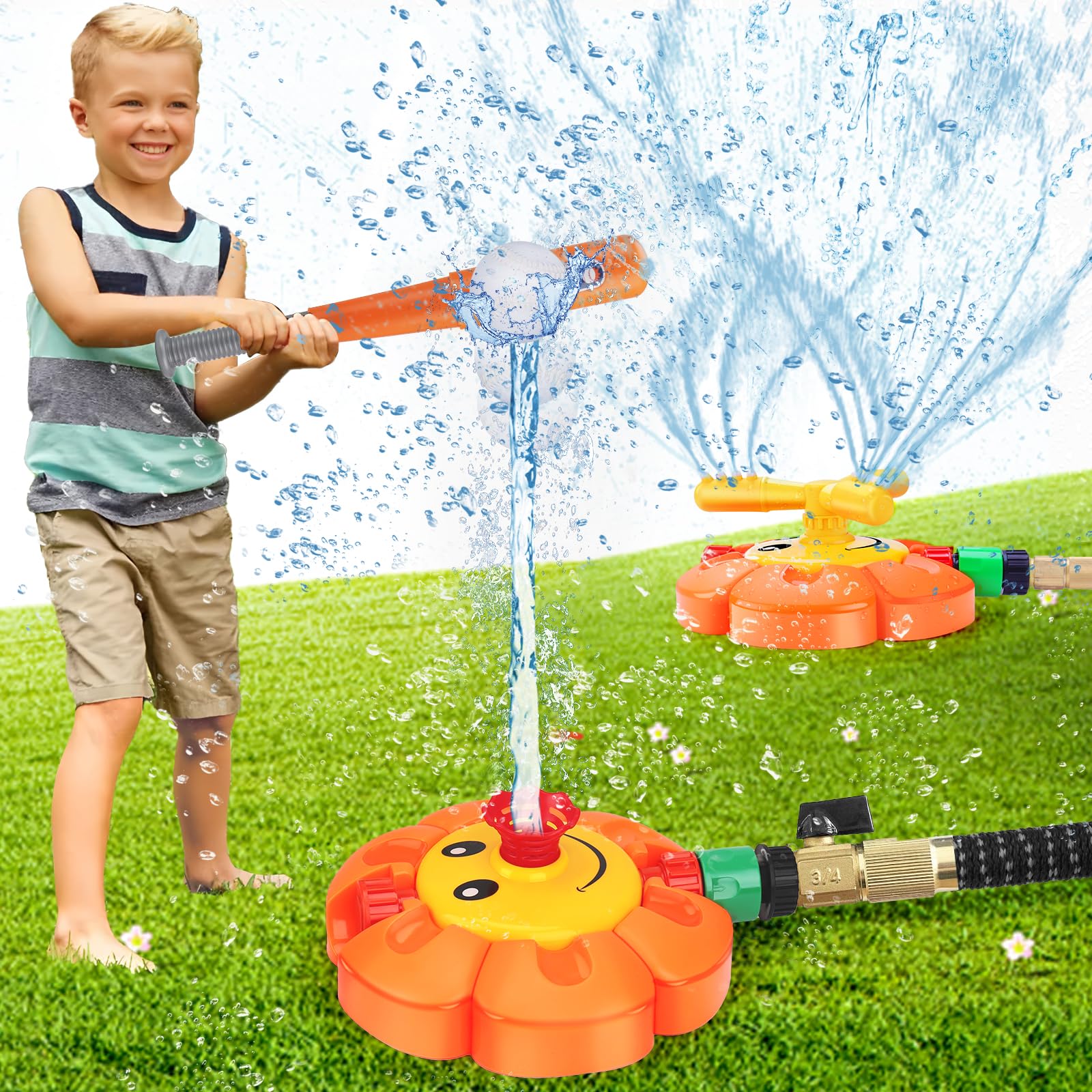 2-in-1 Water Sprinkler for Kids Toddlers with Roating Spray Water Column Nozzles, Outdoor Water Baseball Play Outside Toys 4-8 Summer Backyard Lawn Garden Yard Games Fun for Kids 3-5 8-12 Boy Girl