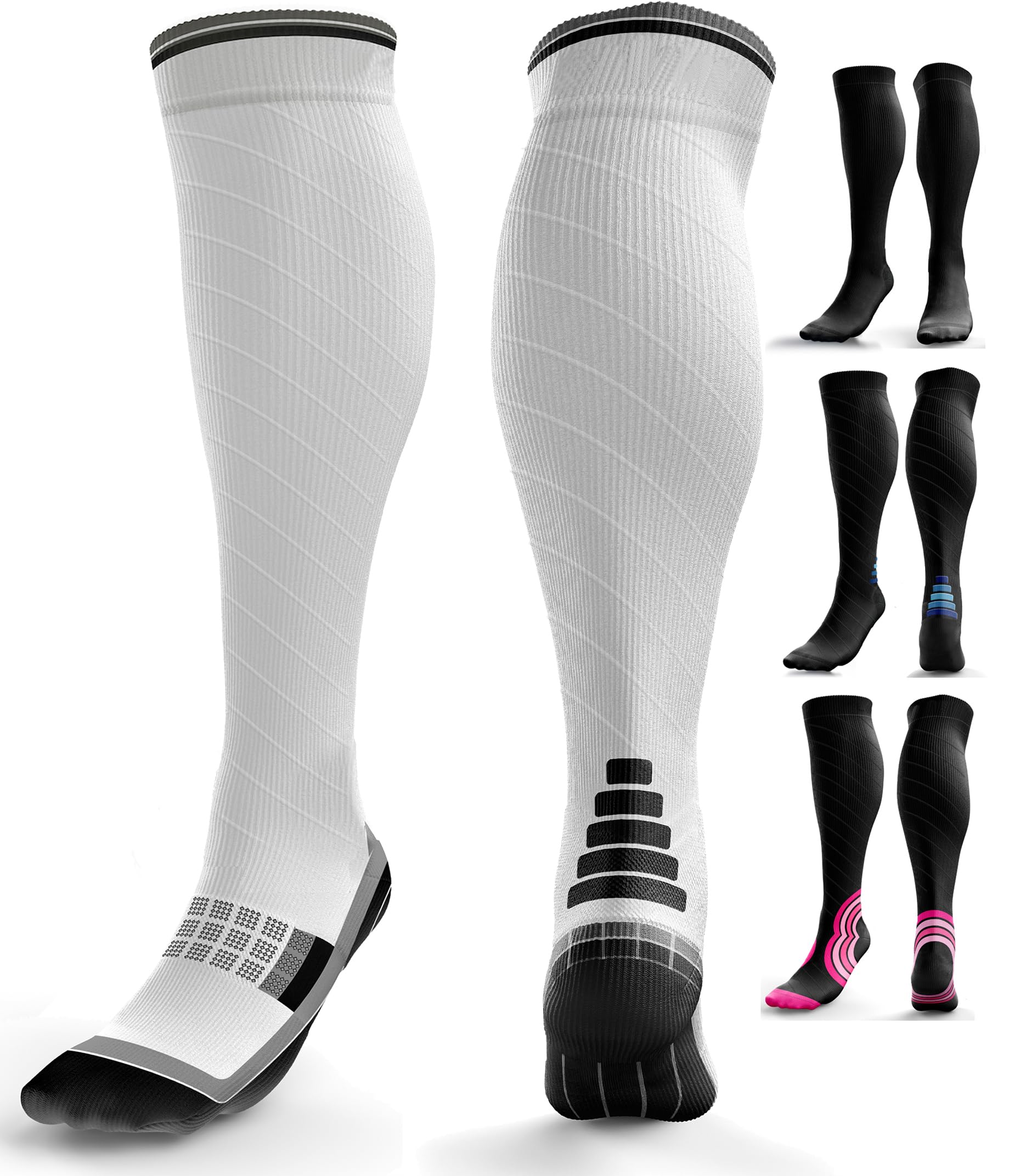 Azengear Unisex White W/Black Compression Socks For Flight Travel, Running, Knee High, Women & Men