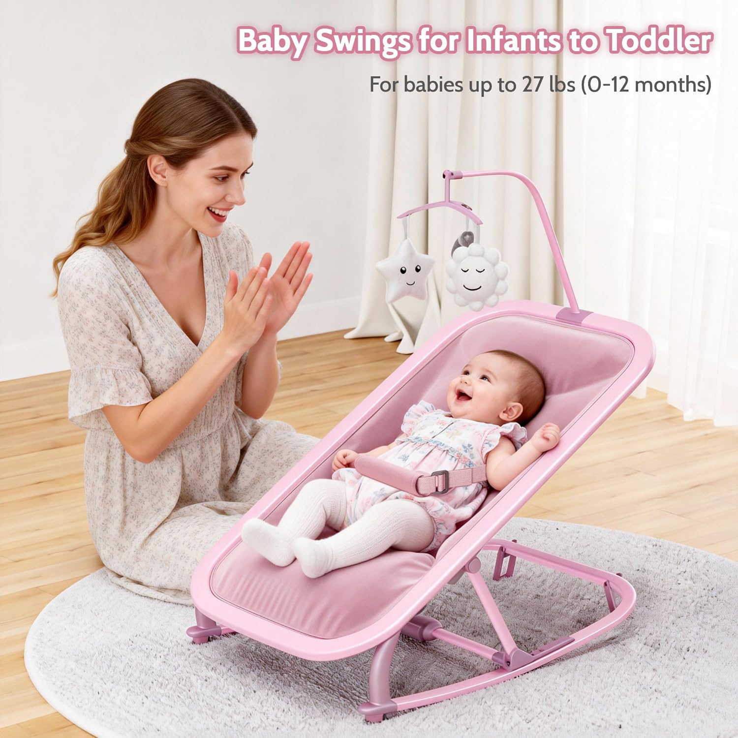 2-in-1 Baby Bouncer & Rocker Seat, 3-Position Reclining, Portable & Foldable Design, Machine-Washable Seat Pad, Lightweight Aluminum Frame, for Newborns & Infants 0-12 Months, Pink