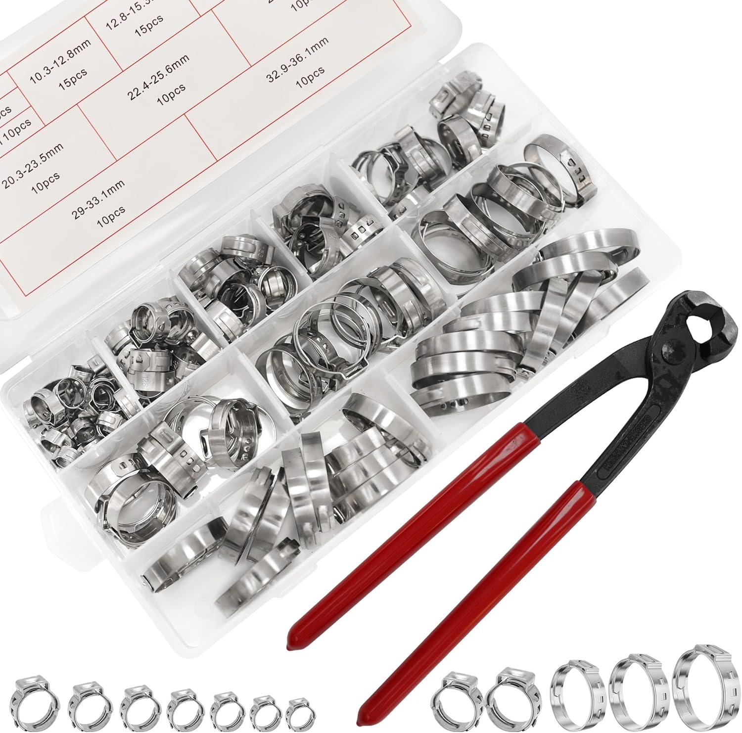 304 Stainless Steel Single Ear Hose Clamps Assortment Kit with Clamp Pliers 6 to 36mm Stepless Crimp Hose Clamps for Auto Pipe Fuel Line Home Appliance (360pcs)