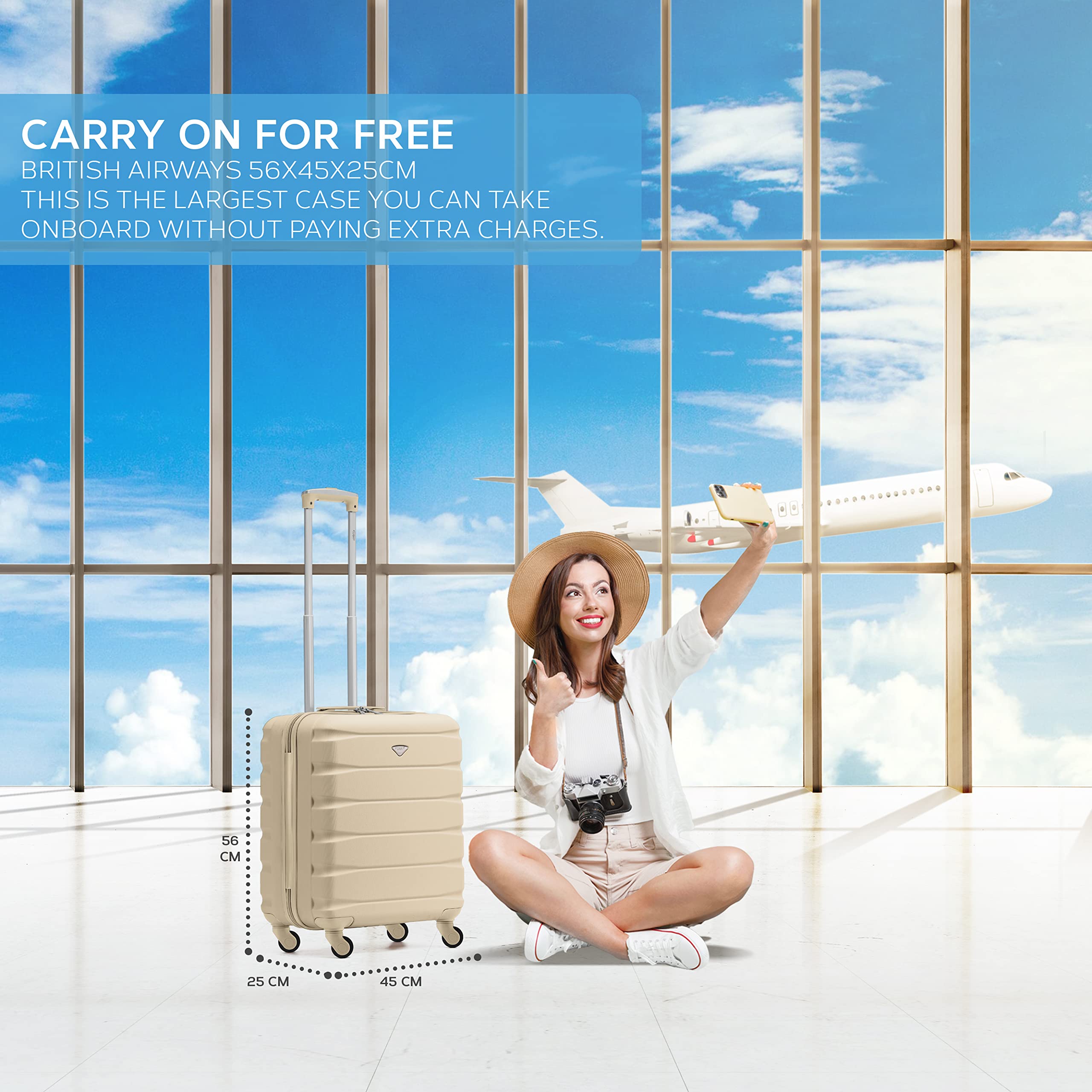 Flight Knight 56x45x25 EasyJet Cabin Bag, Jet2, British Airways Suitcase - Lightweight Small Durable 4-Wheel Cabin Case, Maximum Carry-On Size, ABS Hard Shell, 10kg Hand Luggage Bag- 56 x 45 x 25