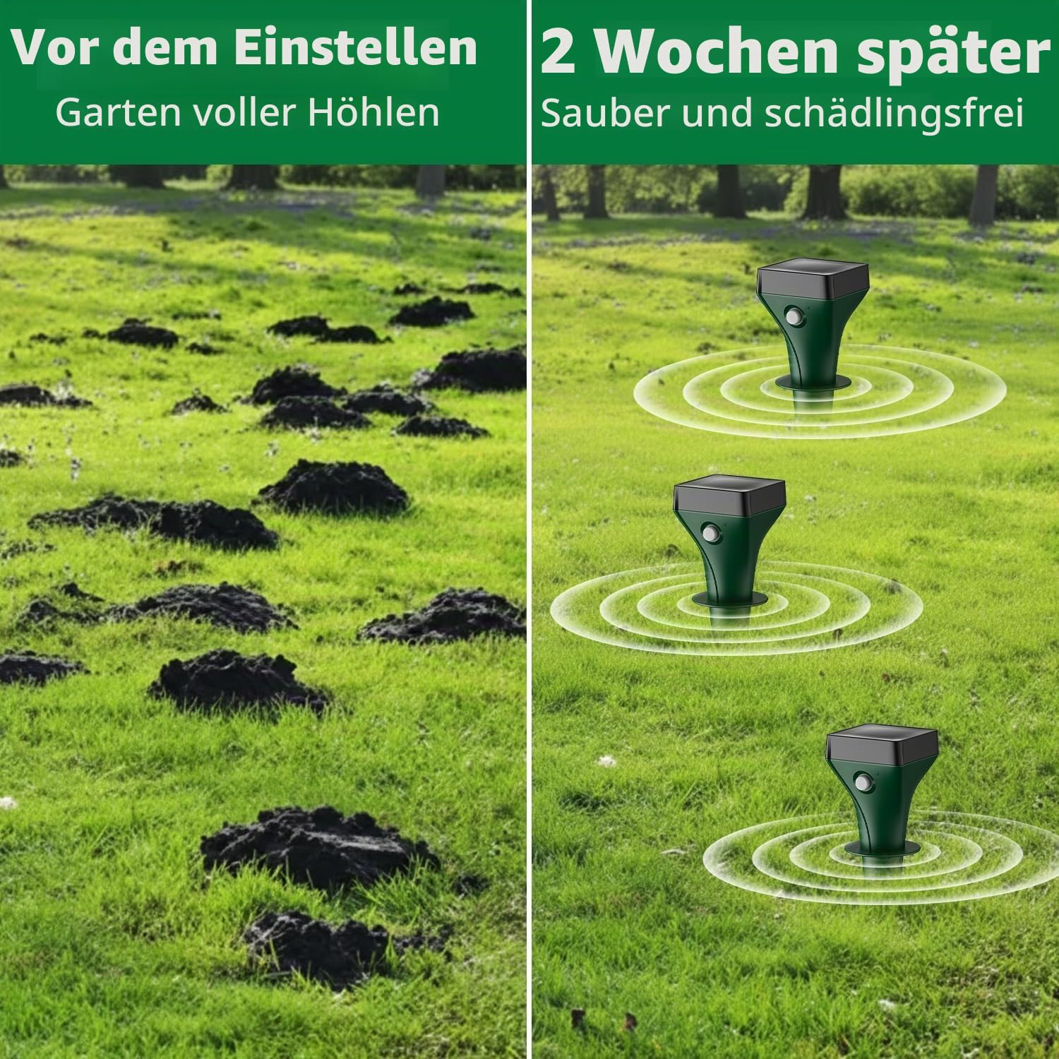 Maulwurf Vertreiber 4er, Solar Maulwurfschreck Testsieger mit Ultraschall, IP65 Wasserdicht, Effektive Wühlmausabwehr gegen Maulwürfe und Wühlmäuse, für Garten & Rasen