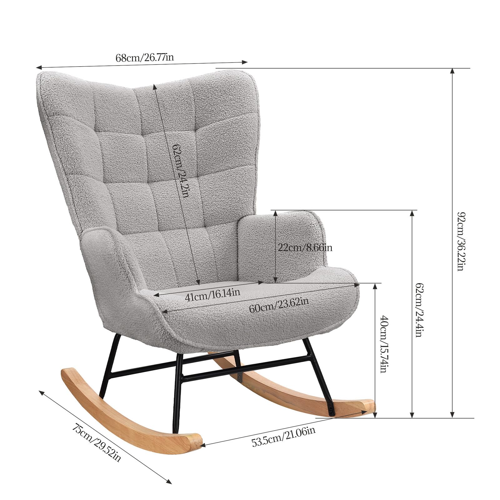 Fauteuil à bascule - Fauteuil de relaxation - En tissu peluche - Fauteuil à bascule - Fauteuil de salon - Structure en bois massif et métal - Avec dossier haut - Charge maximale : 130 kg -